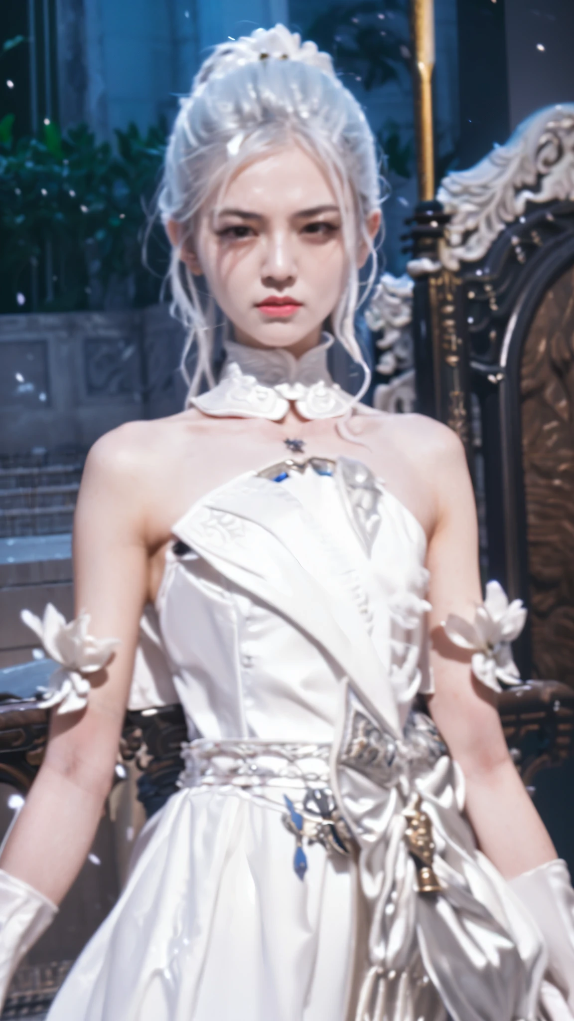 there is a woman in a white dress with a sword in her hand, lunar themed attire, glossy white armor, full body xianxia, pale snow white skin, fantasy outfit, aion, wearing shiny breastplate, pale milky white porcelain skin, wearing fantasy formal clothing, astral witch clothes, white shiny skin, inspired by Ren Xiong