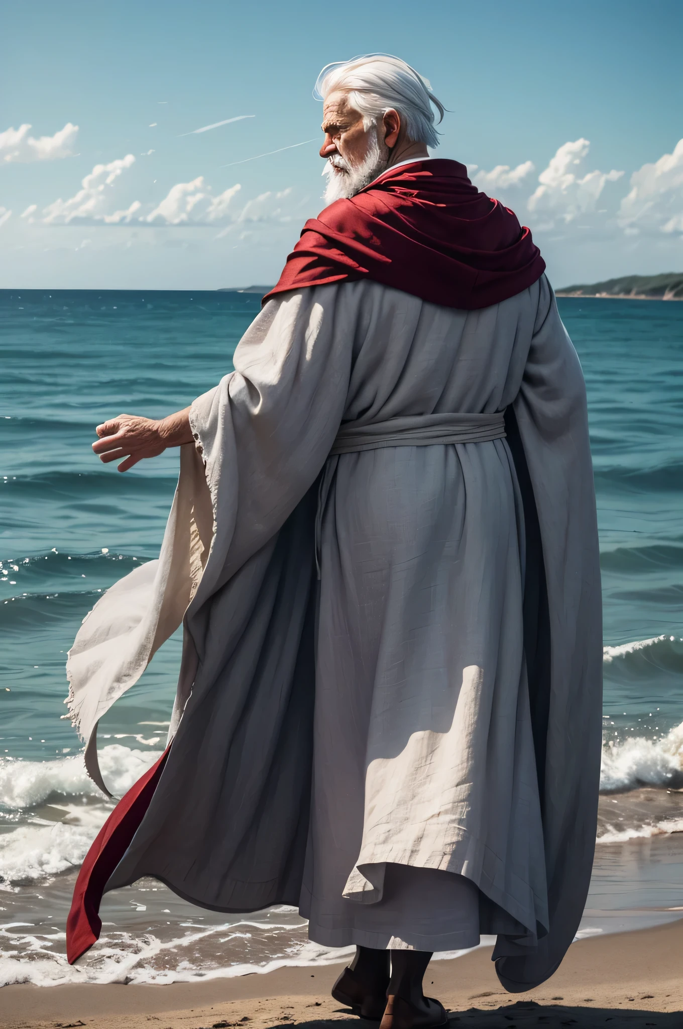 a friendly old man, com cabelos brancos e barba, vestindo uma capa de linho cinza, tem olhos claros, pele enrugada, Corpo todo, its cape has a red fabric that goes from the shoulder to the waist, colo, back and arms open in front of the sea evoking a prayer. High-resolution, long-exposure full HD ultra 8k image.