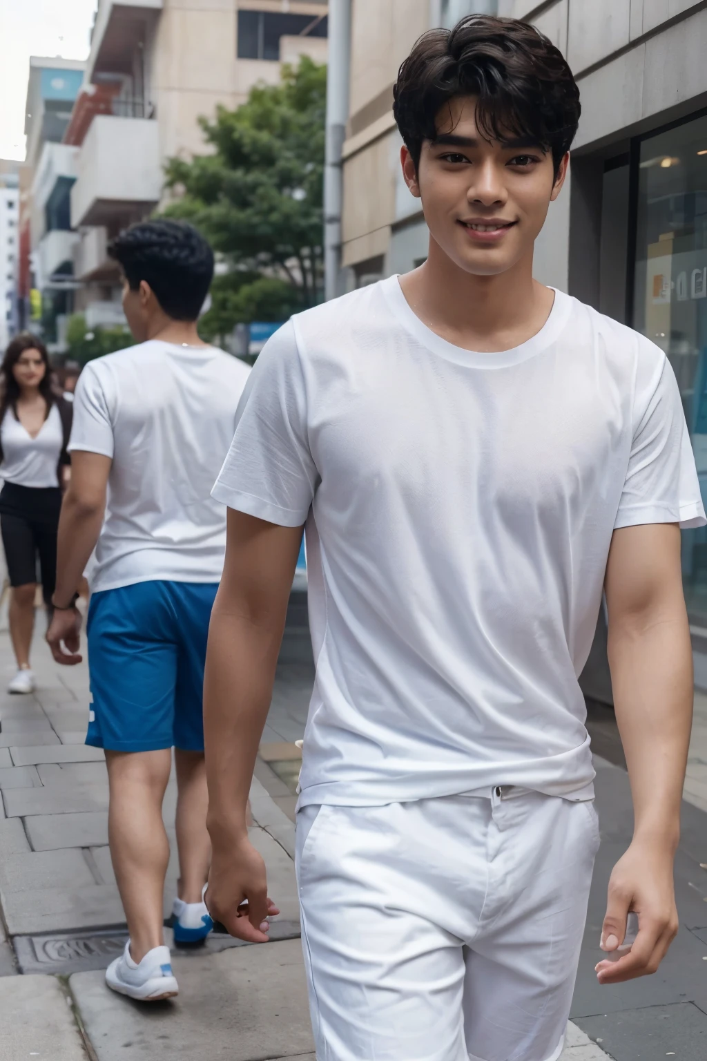 mix of cha eun woo and rowoon korean actor wavy short hair, standing, alone:1.2) , (he's wearing white tshirt and blue short pants walking in the street:1.3), (he's walking to their store:1.3), he has (brown eyes, dark brown short curly hair:1.2), (he's smiling too much, looking to the person walking towards him:1.2), anime style, 16k, best quality, high details, textured skin, UHD, masterpiece, anatomically correct