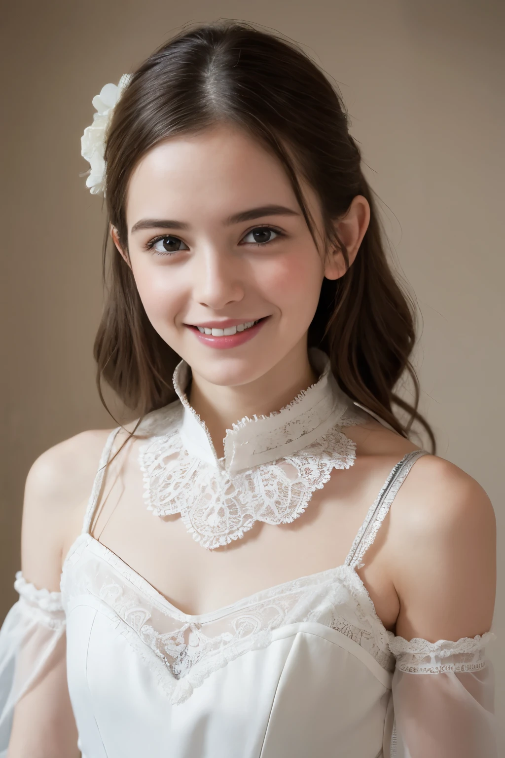Masterpiece, Best quality, 8k, 18 ans, Photo brute, absurdes, Award-winning portrait, sourire, sourire, pure, french, laces, catalogue, happy smile