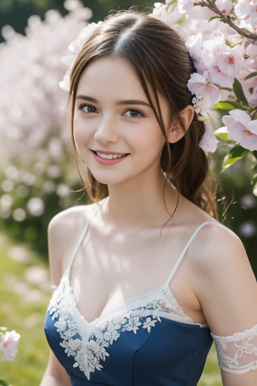 Masterpiece, Best quality, 8k, 18 ans, Photo brute, absurdes, Award-winning portrait, sourire, sourire, pure, french, elegant blue dress, spring, , orchard in bloom, laces, famous singer