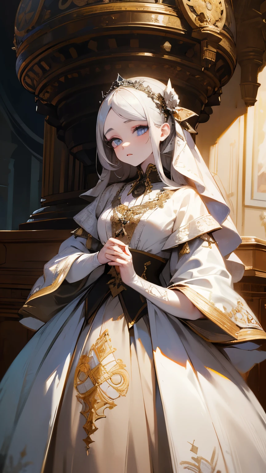 masterpiece, disorganized,HDR ,highly detailed eyes and face,Gosgarh, A woman in a gothic ball gown holds,Runny nose makeup, Clothes can be seen through, race, embroidery , woman wearing a Gosgarh outfit, pale white skin, wearing a ballgown