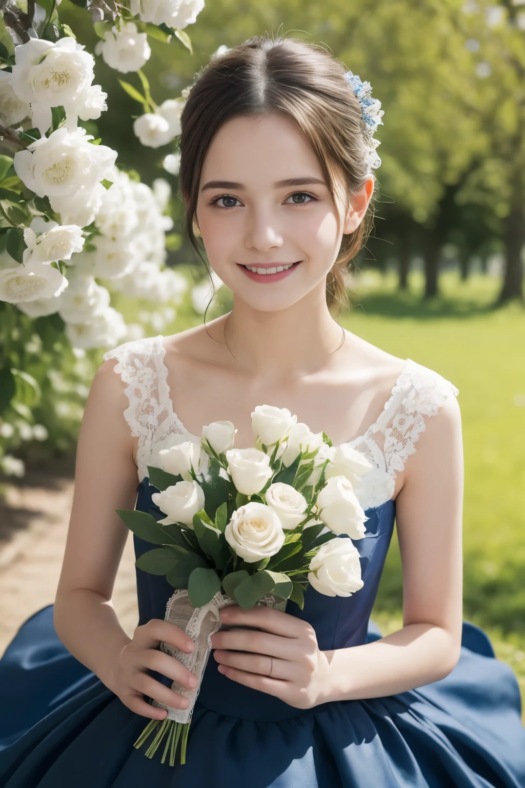 Masterpiece, Best quality, 8k, 18 ans, Photo brute, absurdes, Award-winning portrait, sourire, sourire, pure, french, elegant blue dress, spring, , orchard in bloom, laces, famous singer