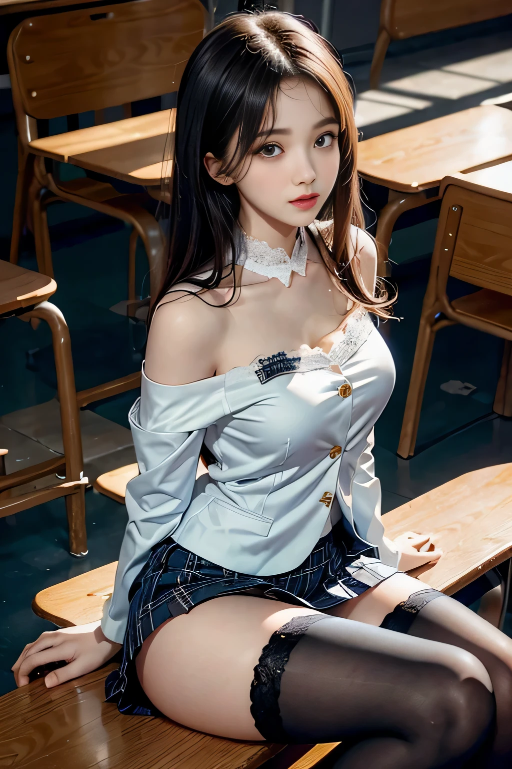 ( Female student sitting with legs apart in the classroom)，charming eyes，heartwarming action，turn away from the camera，bent down，bend over，turn back，raise your head，thick long black hair，highly detailed body，highly detailed face，highest quality、(P iNK underwear),(high school girl),((off shoulder white blazer、chest emblem))、(off shoulder translucent blouse)),,((navy check flare skirt)),(black stockings)、((spread your legs)),((Please show me your white lace underwear))