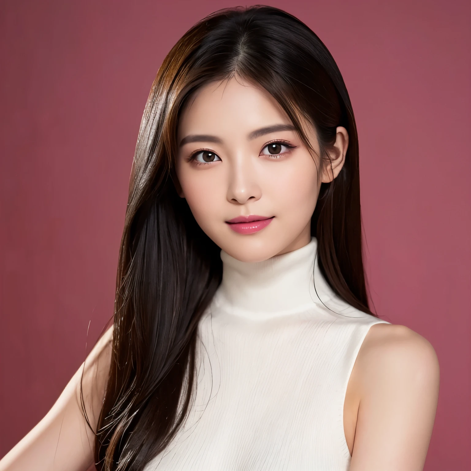 (highest quality、table top、8k、best image quality、Award-winning work)、one beautiful woman、25 years old、(alone:1.1)、perfect beautiful composition、(big and full breasts:1.1)、Exactly、(emphasize body line:1.1)、(Perfect white turtleneck sleeveless knit sweater:1.2)、Elegant red melton skirt(upper body photo:1.1)、look at me and smile、(blurred background:1.1)、(Strongly blurred elegant background:1.1)、stand gracefully、droopy eyes、natural makeup、Ultra high definition beauty face、ultra high definition hair、Super high-definition sparkling eyes、Super high-definition glossy skin、Super high resolution glossy lips、accurate anatomy、(very bright and vivid:1.1)