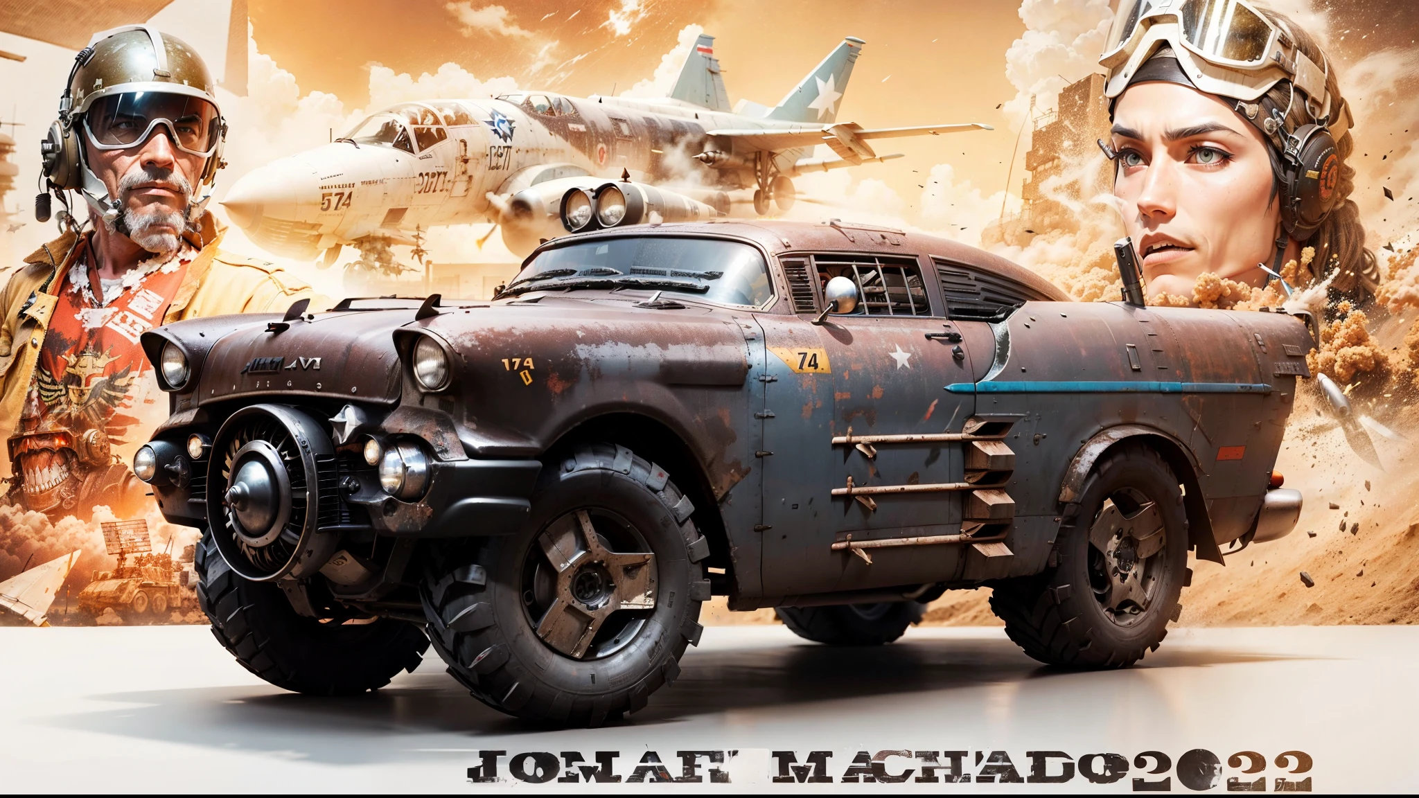 A grunge and deteriored Chevy 57 transformed in a battle car with missiles and machine gun with an warrior man with helmet and oxygen airplane mask pilot all the war equipment and F14 jetplane in the middle and a japanese pilot in the right