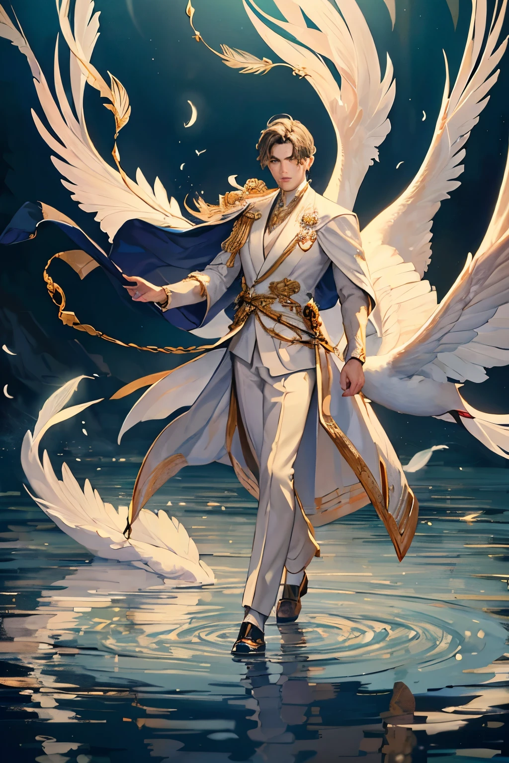 swan prince, 1boy, adult male, elegance, dramatic pose and lighting, oil painting, detailed eyes and face, flowing feathers, royal attire, misty water reflection, graceful movement, enchanting atmosphere, highres, ultra-detailed, studio lighting, vivid colors, classic portraits