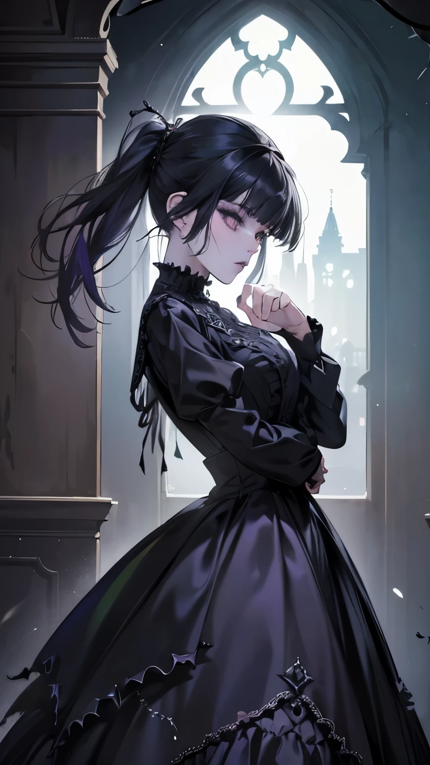 official art, unity 8k wallpaper, super detailed, beautiful, beautiful, ((new goth gal:1.4)), masterpiece, highest quality, dark, in the atmosphere, Mysterious, romantic, Spooky, literature, art, fashion, victorian, decoration, Complex, ironwork, race, contemplation, depth of emotion, Supernatural, 1 girl, alone, hip