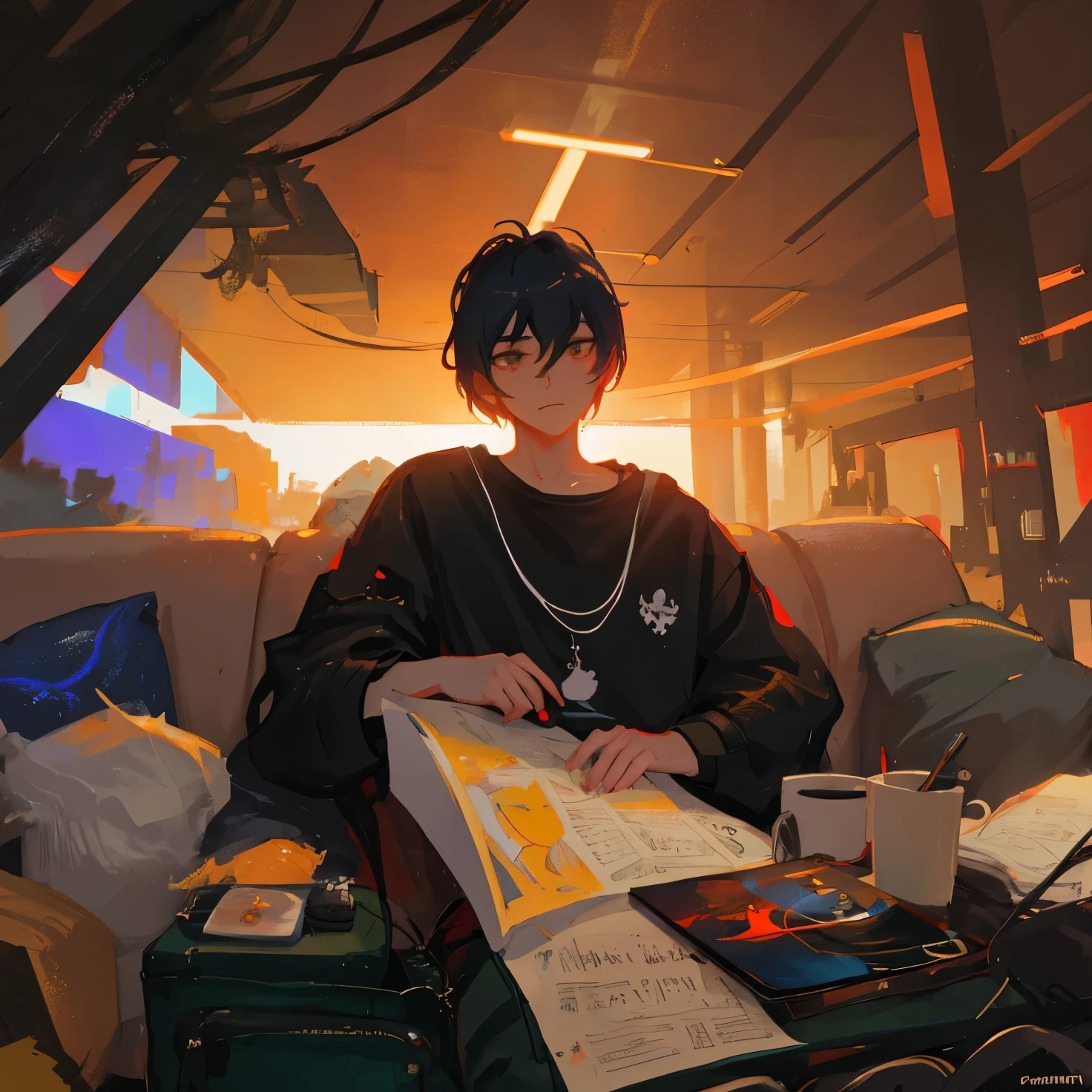 there is a man sitting on a couch with a laptop, artwork in the style of guweiz, casey baugh and james jean, sergey kolesov, guweiz masterpiece, style of dragan bibin, guweiz, by Yanjun Cheng, digital art ilya kuvshinov, ilya kuvshinov landscape, and Krenzcushart change the image to a different camera angle