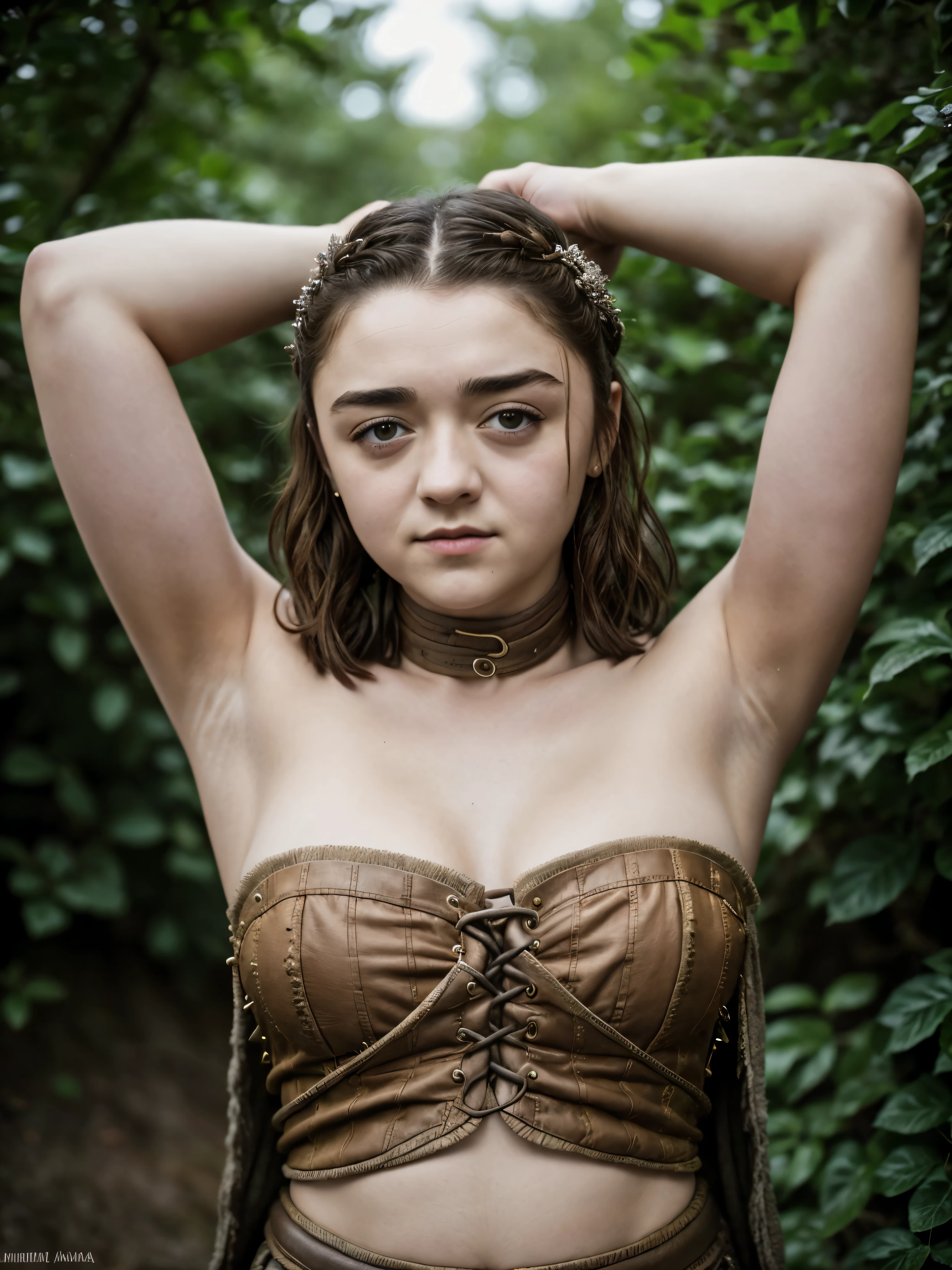 Foto RAW, RAW photograph of Maisie Williams, Arya Stark, Extremely gorgeous lady, Arya Stark PLAYED BY MAISIE WILLIAMS, Queen Arya Stark, she  a mature woman now, milf, sexy mediaeval battle dress, gladiator woman, body, 40 years old Woman, body revealing costumes, perky breast, skin pores, big natural breast, erotic costumes, lusty physique, seductive figure can capture every people's attention, Game of thrones costumes, revealing captivating figure, Mediaeval costumes, revealing clothes, A tomboy, she would rather fence than dance, warrior queen , game of thrones screen caps, Game of Thrones Series, (pele altamente detalhada: 1.2), 8k UHD, DSLR, soft-lighting, alta qualidade, grain of film, Fujifilm XT3, flawless picture, highly detailed, detailed Beauty, intricate, 32k, sharp picture,