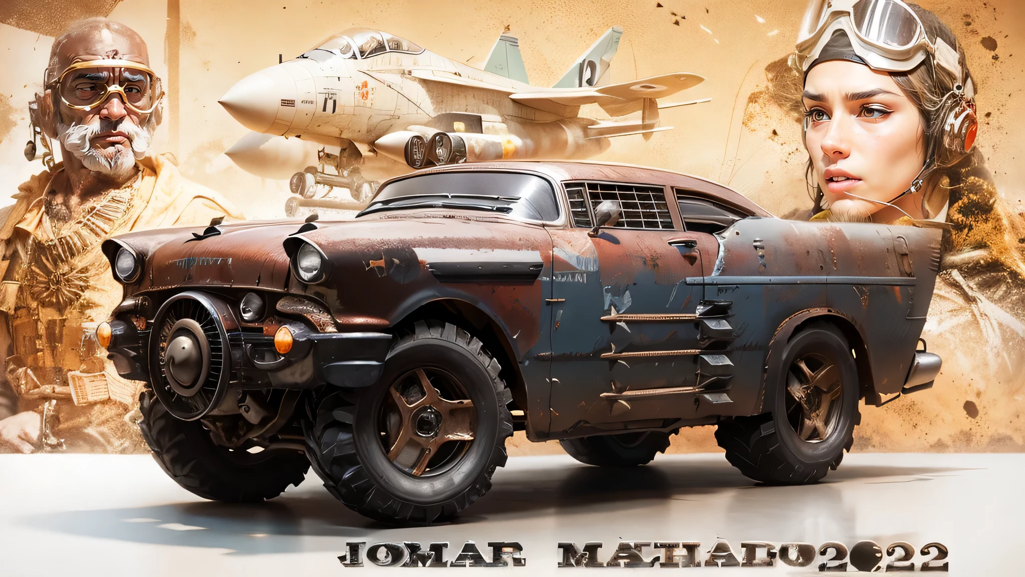 A grunge and deteriorated 57 Chevy transformed into a battle car with missiles and machine gun with a warrior with helmet and oxygen plane mask flying all the war equipment and F14 jet plane in the middle and a Japanese pilot on the right
