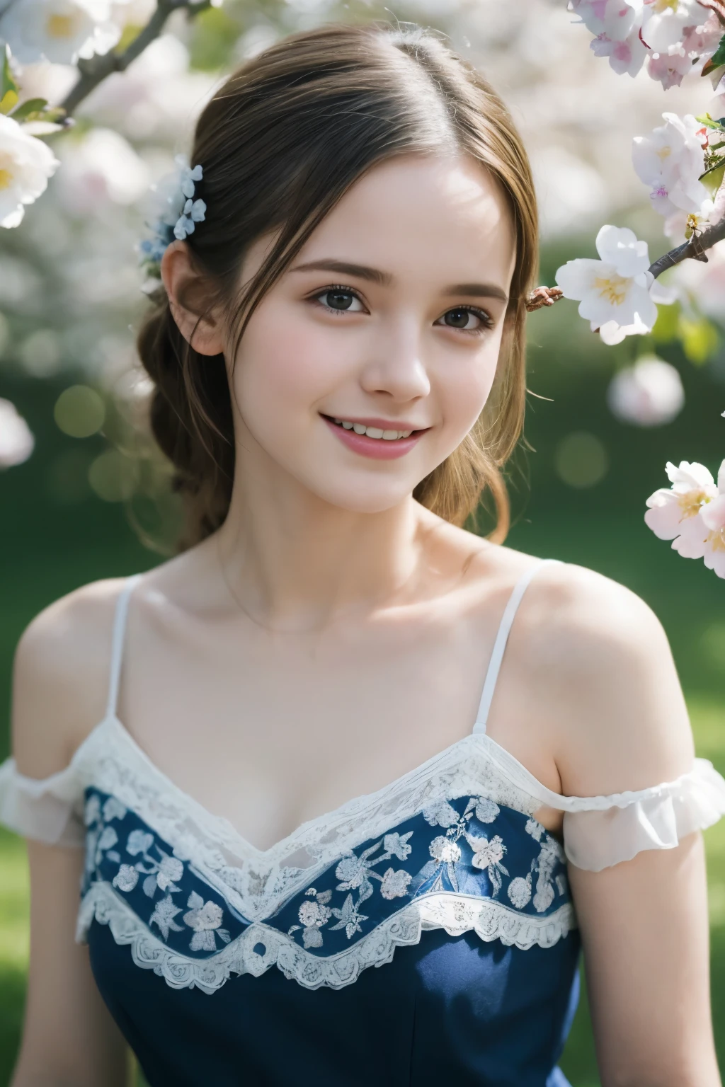 Masterpiece, Best quality, 8k, 18 ans, Photo brute, absurdes, Award-winning portrait, sourire, sourire, pure, french, elegant blue dress, spring, , orchard in bloom, laces, famous singer