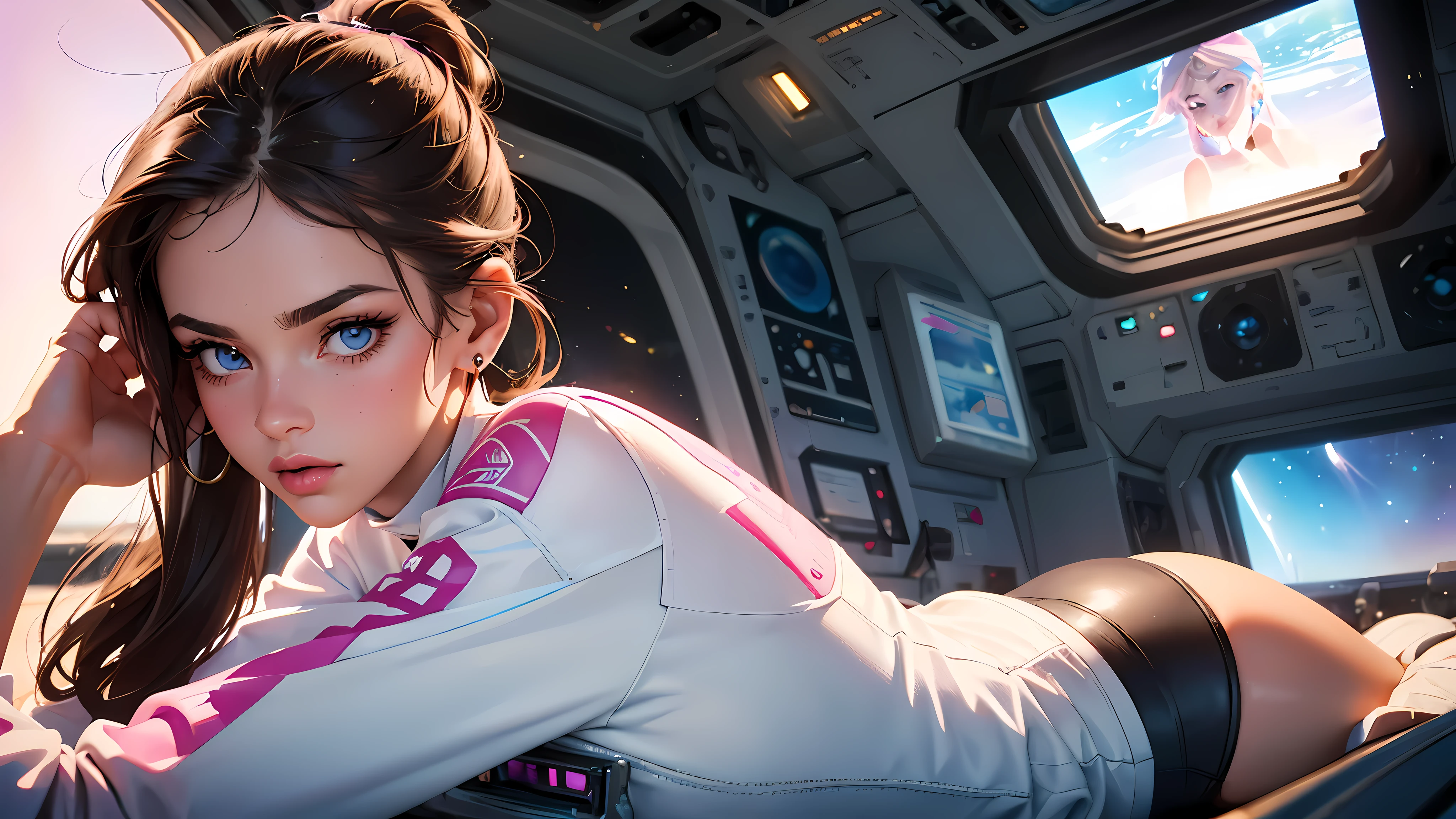 Side view,,gritty hair fit body massive breasts (protuding erect nipples) slim thighs slim waist pilot suit top, nude lower body, bare belly, bare buttocks, bare thighs, smiling looking at the viewer. Sat in padded pilots chair, legs spread. space craft long hair blushing determination, 8k, Detalle extremo,More detailed 8K.motor irreal:1.4,UHD,La mejor calidad:1.4, fotorrealista:1.4, textura de la piel:1.4, obra maestra:1.8,obra-prima, mejor calidad,objeto Objeto], (detailed face features:1.3),(Traje de piloto:1.4)