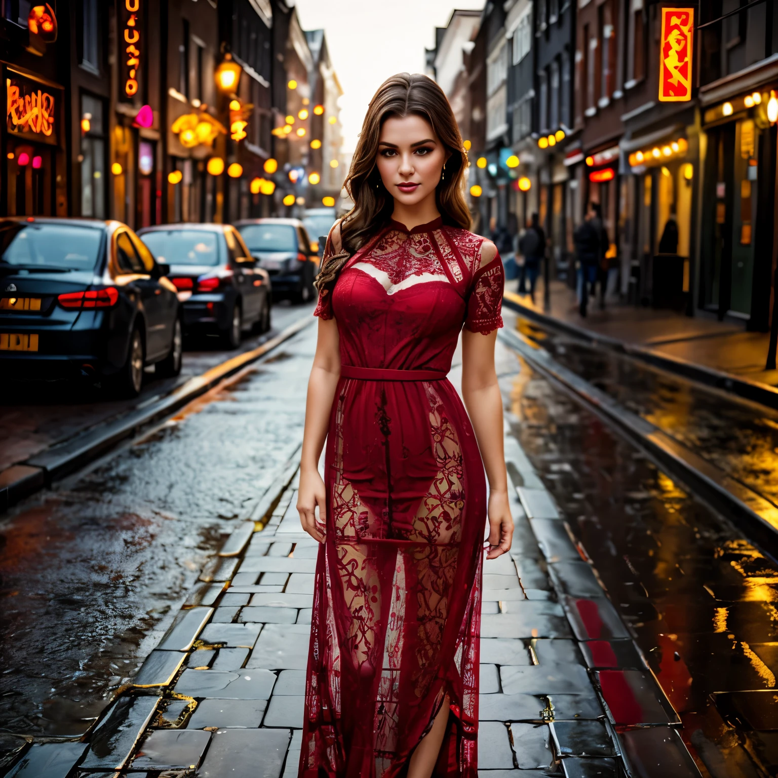 (best quality,8k, ((wearing lace maxi dress)),standing,red light district,highly detailed face and skin texture,detailed eyes,double eyelids),portrait,sunny atmosphere,soft focus,warm color tones,subtle backlighting,dewdrops on lashes,urban landscape,reflection on wet pavement,moody aesthetic. Body main focus,  