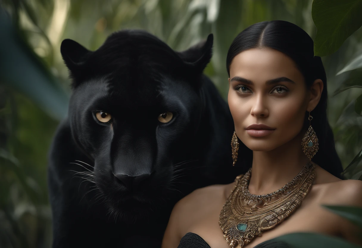 photorealistic, high quality, 8K Ultra HD, Create an illustration depicting a woman of Slavic beauty type dressed in an elegant black gown, surrounded by a tropical jungle. The woman should have blue, mysterious eyes that exude deep wisdom. Next to her, surrounded by lush vegetation, sits a majestic black panther, symbolising strength and mystery. Ensure harmony between the delicacy of the woman and the ferocity of the panther. Add details, such as the Aztec patterns on the dress, to emphasise its cultural character. Don't forget the mysterious sparkle in the woman's eyes, which draws attention and adds depth to the figure. The whole idea is to show the beauty and phenomenality of the black panther and the strong, elegant woman in a magical jungle setting