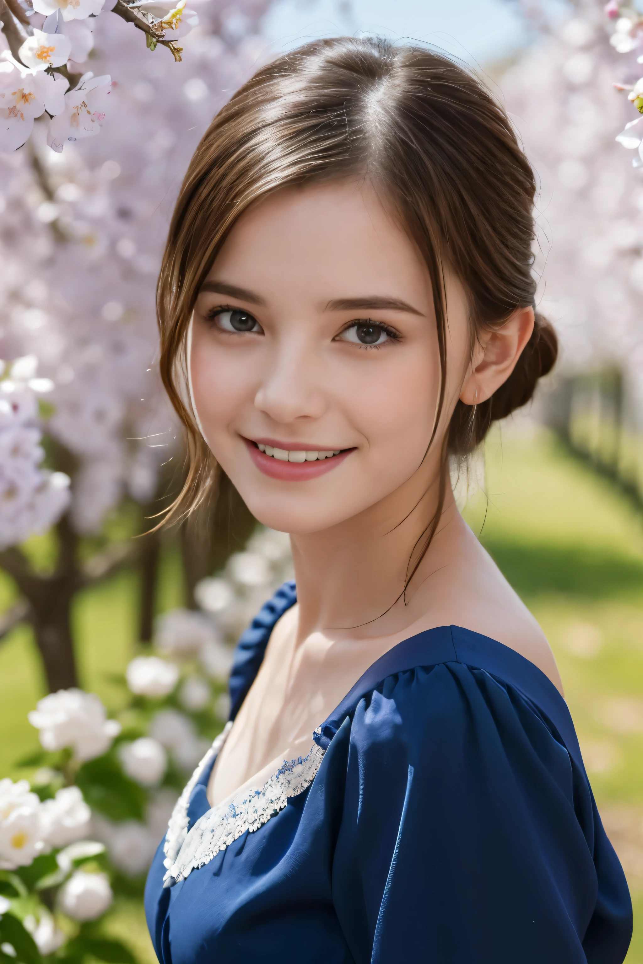 Masterpiece, Best quality, 8k, 18 ans, Photo brute, absurdes, Award-winning portrait, sourire, sourire, pure, french, elegant vibrant blue dress, spring, orchard in bloom, laces, famous singer