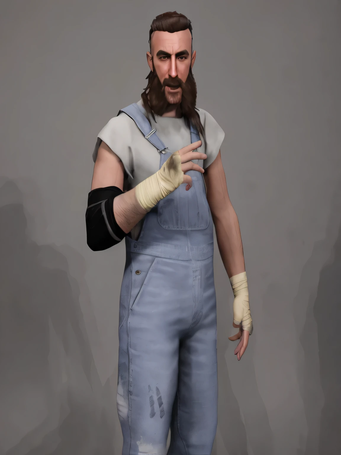 ((masterpiece, best quality)), there is a weathered looking man with bushy brown sideburns with chin stuble and a brown flat top mullet hair, wrestling elbow pad on his arm, dirty ripped faded grease covered overalls, mechanic punk outfit, dirty white shirt, wearing dirty overalls, inspired by Doc Hammer, male character, dirty wrist tape, highly detailed character, artist wearing overalls, gta character, photo realistic, intricate details