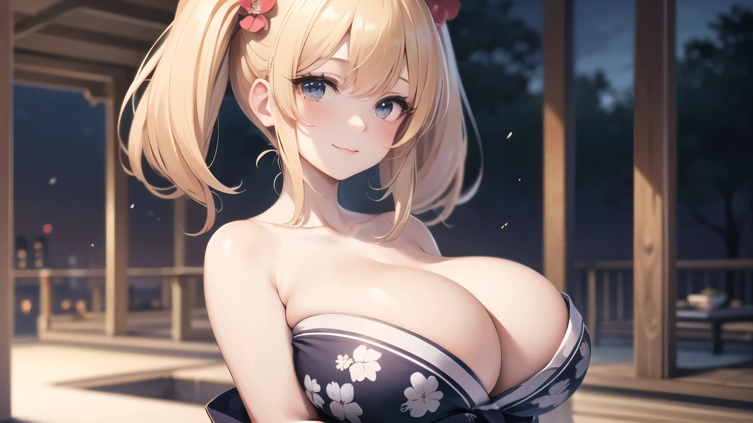 (((masterpiece, best quality))), (((superior quality))), cute girl, ((extremely detailed girl)), ((huge breasts)), (yukata), (bare shoulders), strapless top, slight smile, twin tail blonde