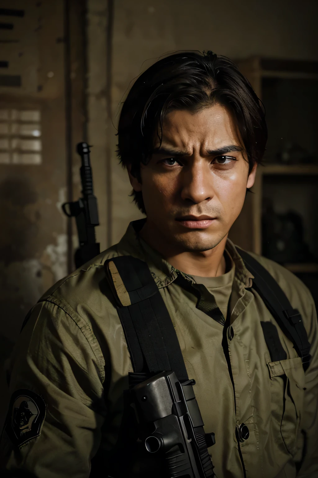 a man in the middle of war with sad face and gun