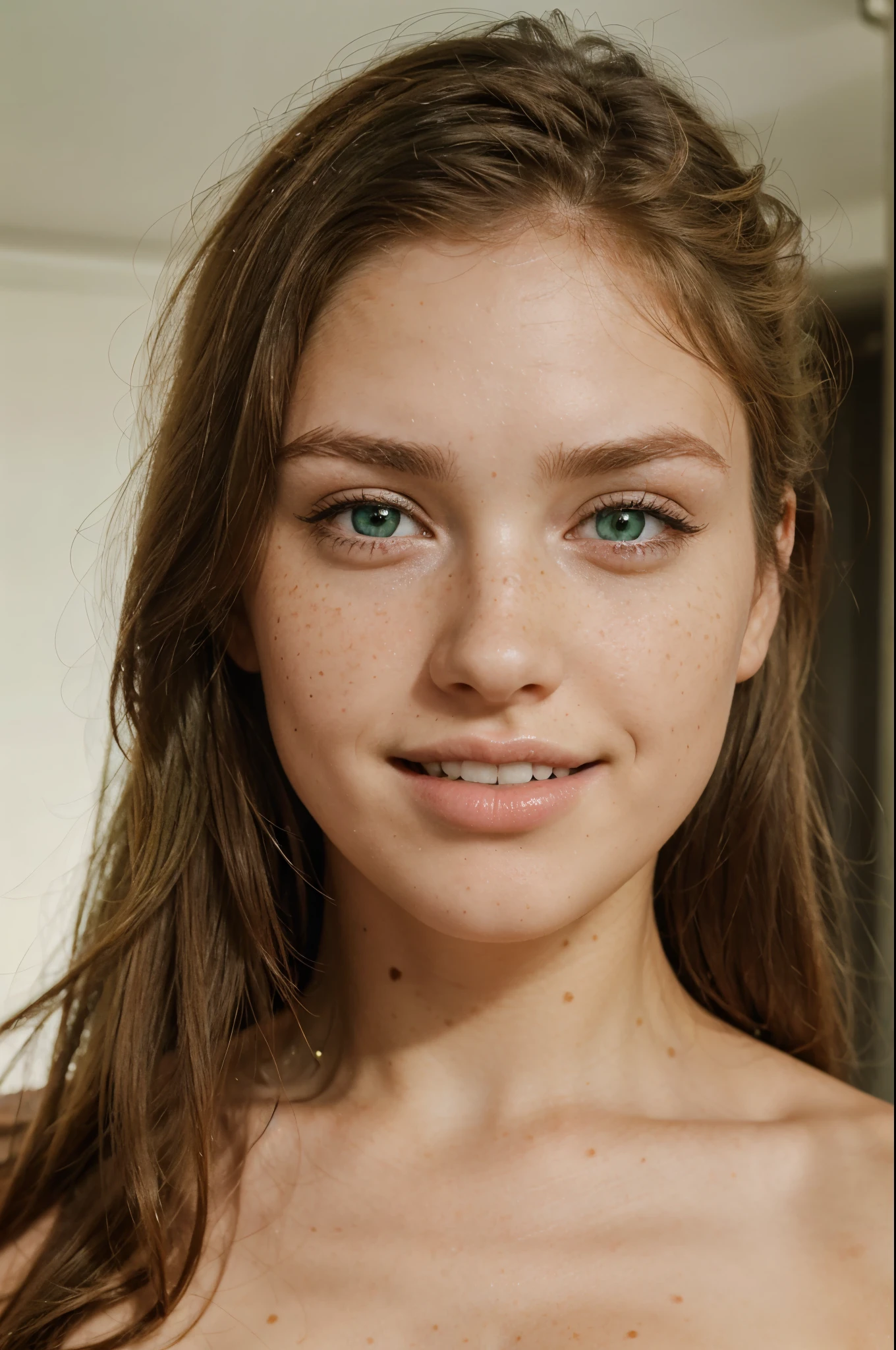 Close-up of a woman with angelic face and freckles, green eyes, thick lips and perfect white teeth.