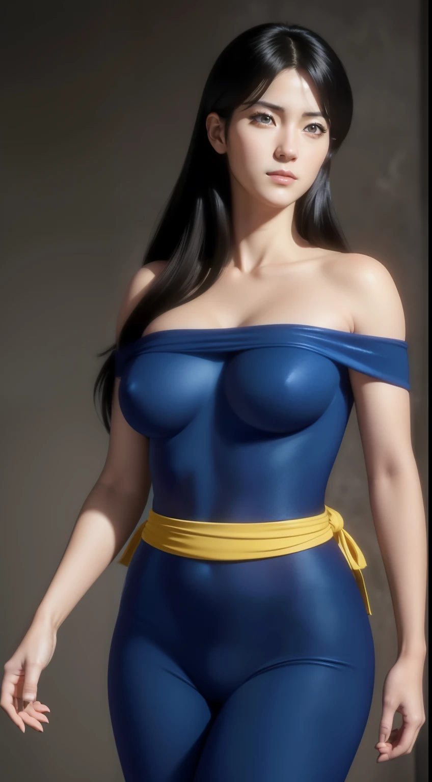 masterpiece, best quality, highly detailed, ultra high resolution, (photorealistic: 1.8), unreal_engine, photography, realistic_skin_texture, wallpaper, 1 boy, hayato kasukabe, japanese face, (ultra detailed face), 8k, trending on artstation, highly detailed , best quality, ultra detailed, realistic, Hitomi Kisugi, 1 girl, beautiful girl, long black hair, beautiful detailed eyes, beautiful detailed lips, eyelashes, beautiful eyes, beautiful brown eyes, detailed face, beautiful face, beautiful face, blue bodysuit, dressed in blue, off the shoulder, a thin yellow sash around the waist, bright colors, HDR, studio lighting, sharp focus, in action towards the spectator, posing towards the spectator.