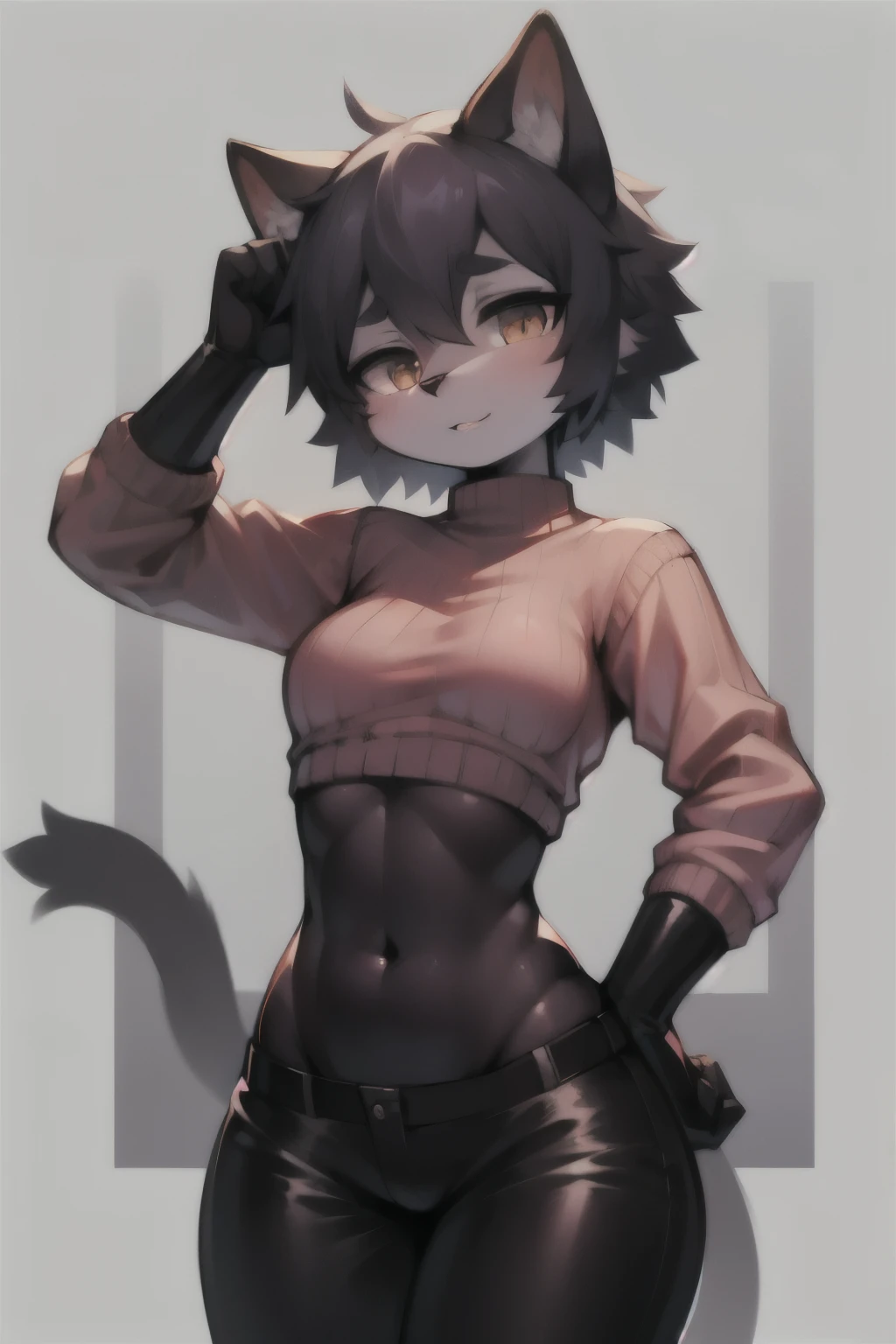 Black cat furry female sexy body small waist medium hips pink sweater and latex pants