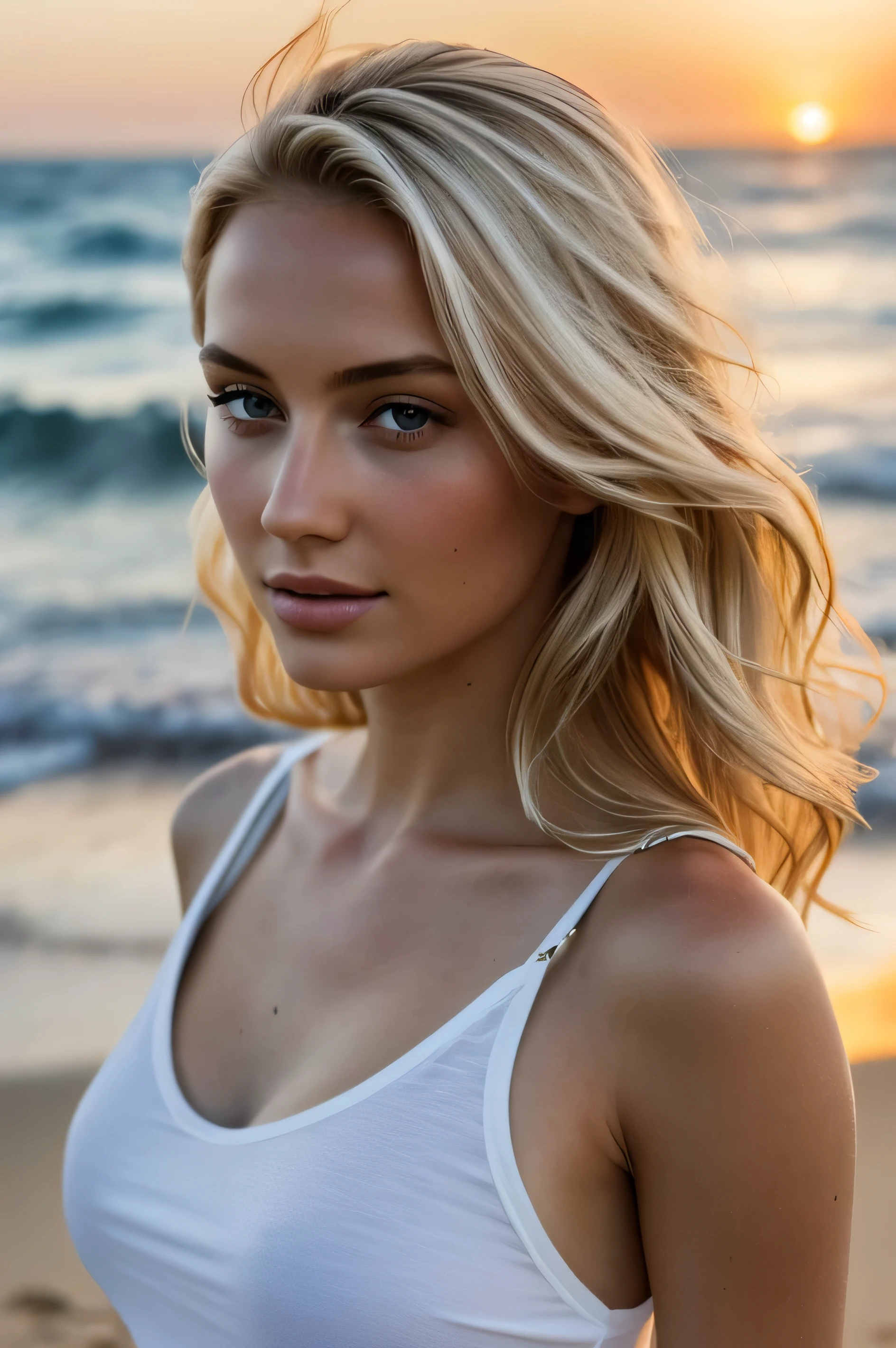 Femme sexy, 20 ans, sexy, athletic, tanned skin, gros seins, narrow waist, curly blonde hair, Instagram template, Realstic, Photo Instagram, photographie, authentique, naturel. Sur plage avec une tenue de bain, Tall buildings holding hair behind his head with big Fez