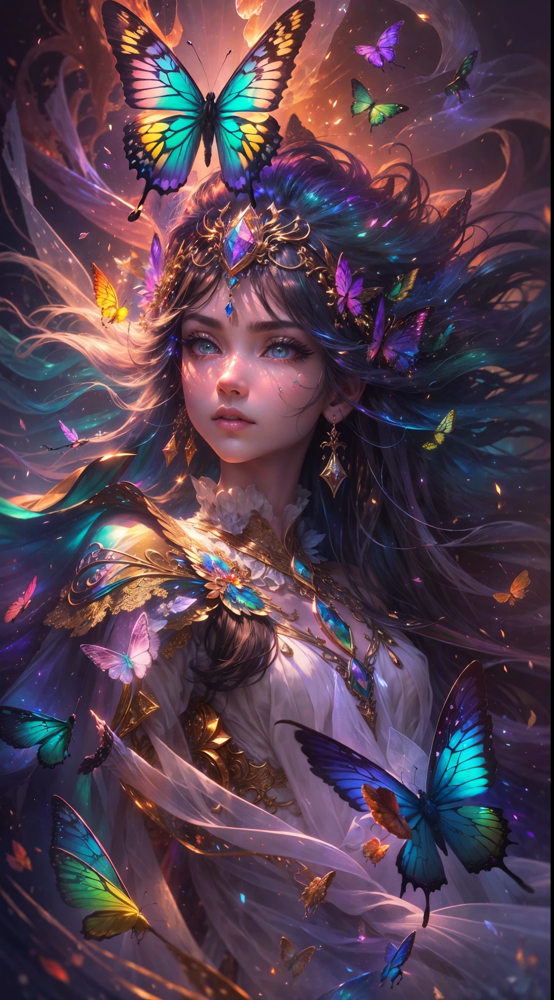 (((masterpiece))), (((best quality))), ((ultra-detailed)),(highly detailed CG illustration), ((an extremely delicate and beautiful)),cinematic light, Create a stunning fantasy artwork that mimics the style of currently trending masters of the genre. The art piece should contain elements of both mythic fantasy and fairytale fantasy with colorful rainbow accents and dark jewel-toned hues. ((Utilize the rainbow as the main color scheme.)) The character in the artwork is a delicate but strong figure with an aura of mystery and magic. Pay close attention to intricate facial features, such as mesmerizing eyes with vibrant colors and bold shading. The character's clothing should be designed with gossamer feathers, silk, stunning embroidery, and subtle iridescent details. Incorporate (((translucent iridescent rainbows))), dreamy colors, dynamic lighting, and detailed background elements to create a sense of awe and immersion. ((Include colorful flying magical birds and jewel-toned rainbow butterflies radiating a magical aura.)) Consider the latest trends in fantasy art, such as incorporating unique lighting effects, exploring dynamic and compelling composition techniques, and experimenting with unique color palettes. Take inspiration from the top artists on ArtStation and Midjourney. Camera: Choose an angle that highlights the character's beauty and enhances the magical majesty of the artwork. Lighting: Utilize atmospheric lighting techniques to create depth and mood. Resolution: Aim for a high-resolution artwork to showcase intricate details and clarity. Art Inspirations: Seek inspiration from the trending artists on ArtStation, exploring different styles, genres, and themes.