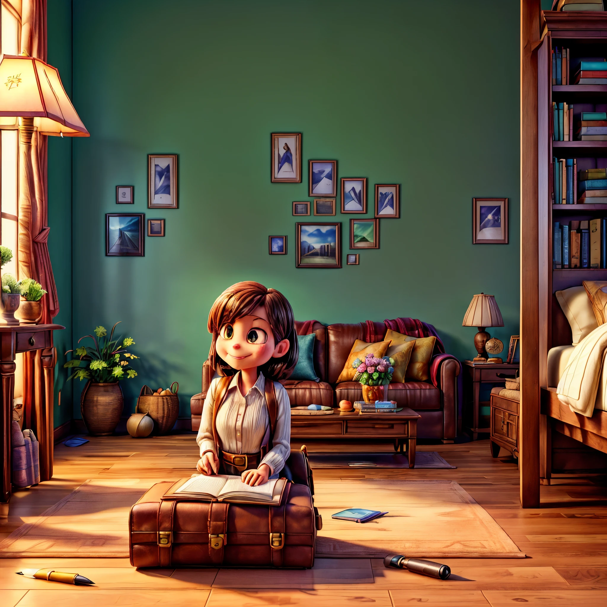 (epic Masterpiece, ultra highest quality, ulra highest resolution, ulra high-definition, distinct_image, very elaborate CG, cinematic lighting, ray tracing, drop shadows, detailed detail, (photorealistic: 1.4), ultra high quality textures, fine-grained, realistic face expression): (lone girl, face is Japan, brown short hair, small size , sparkling eyes, Eye level shot, happy smile, beauty, slim body, holiday, own room, console game, computer, display, keyboard, mouse, long leather skirt, collared shirt, leather vest, handgun holder, carrying leather bag on your back, long boots, antique radio, coffee, model train, bookshelf, spacious yellowchair, Pots, fans, paintings, stuffed animals, ties, notebooks, stationery, vases, photo frames, letters, fountain pens, calendars, lamps, cushions, baskets, mirrors reflecting in profile, candles, telephone, fruit, newspapers, sweets, city Eiffel view outside the window), Pendulum clock frog varied multi etc. --v6 --s1000 --c20 --q5 --chaos100