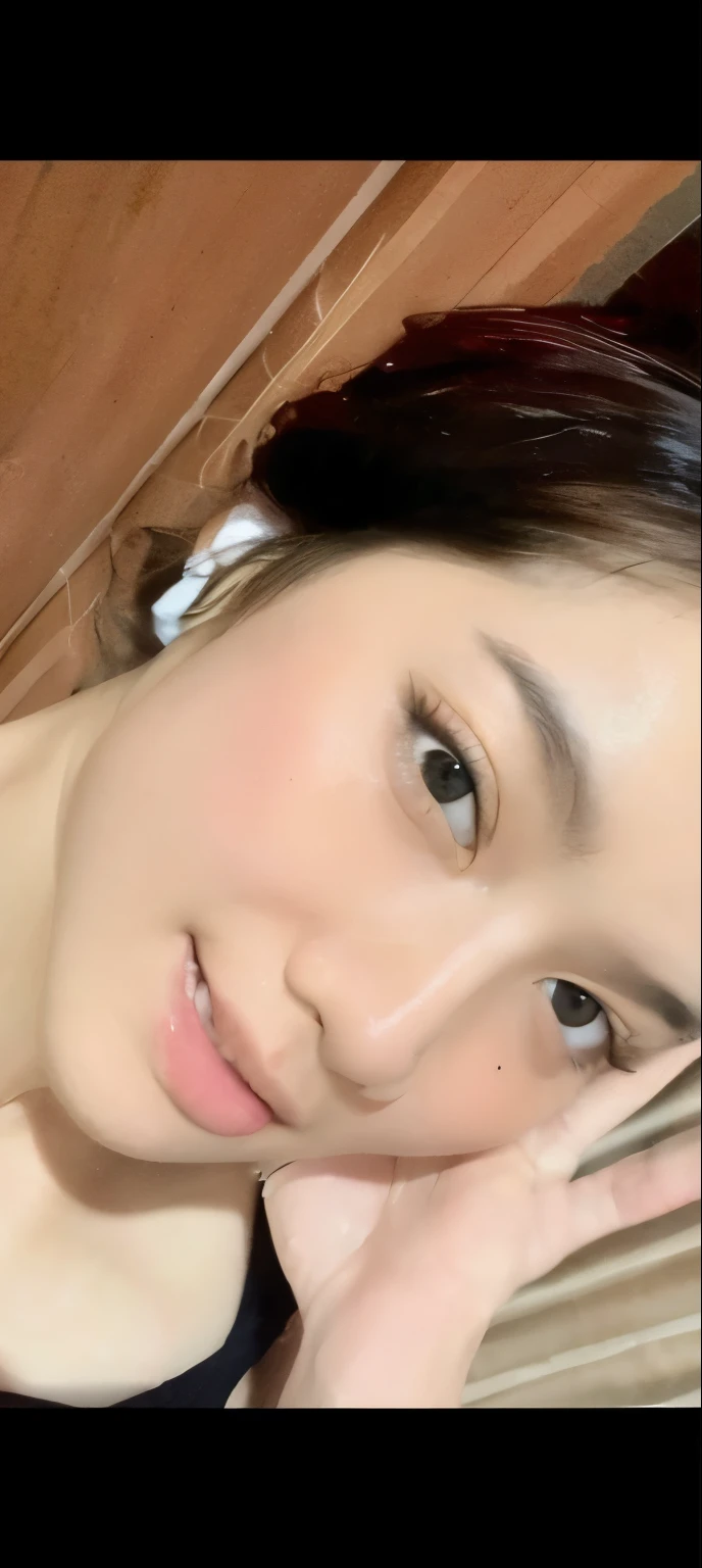 (masterpiece), (pov close up), best quality, masterpiece, (photorealistic:1.2), 1woman, vonzy selfie in bed, on sidepool at night, front view, realistic skin, (round face), curtain fringe messy hair, brown hair, human skin imperfection, blackout lighting, naked