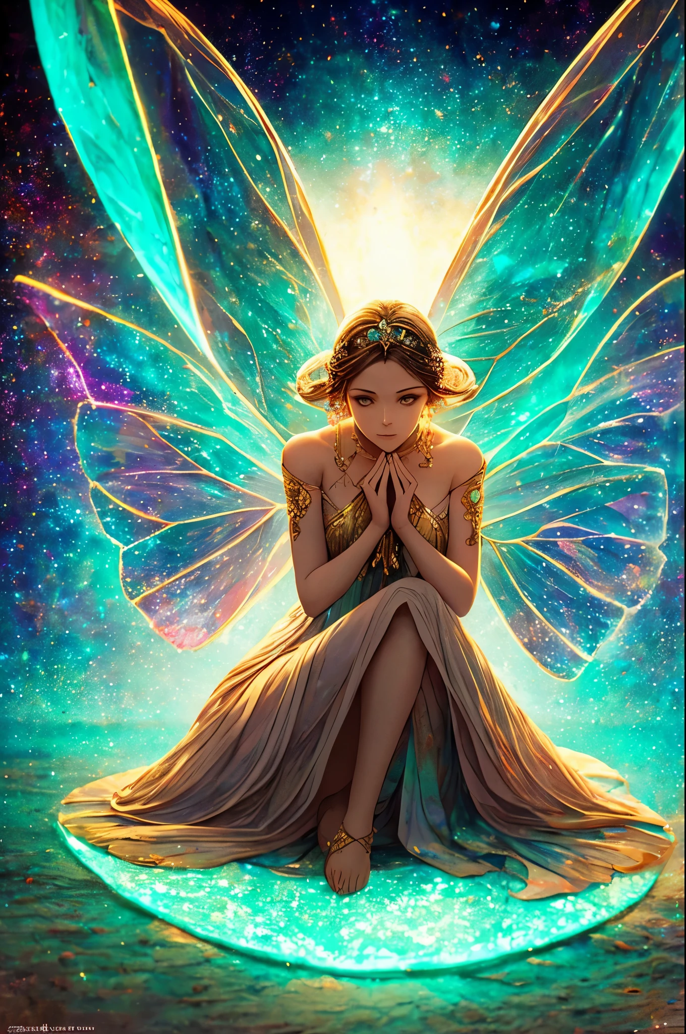 Image of a fragile woman with delicate features, sitting curled up with her hands hugging around her legs. It has butterfly wings sticking out of its back, symbolizing the idea of liberation. The image is colorful, but has a context of light that surrounds it, highlighting the delicacy and the sense of hope. The wings are visible and draw attention, representing transformation and the quest for freedom. ((best quality)), ((masterpiece)), ((realistic)), portrait, 1girl, heavenly, deity, goddess, particles of light, halo, looking at the viewer, (bioluminescent: 0.95) ocean, bioluminescent, vibrant, colorful, color, (bright, brightness), (beautiful composition), cinematic lighting, intricate, (symmetrical: 0.5), capricious,