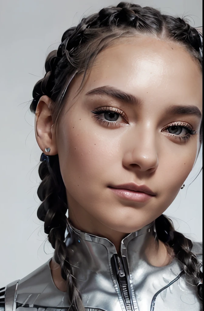 face of a beautiful futuristic girl of about 22 years old.
Her nose, subtly redder than the rest of her skin, contrasting with the rest of her pale skin.
Her eyes, very very large and brighter than a normal human being, magnetic brightness.
Her eyebrows, in contrast, are large and exaggerated, painting a portrait of intense expression. expressive form, charming face.
(((Her hair with lots of braids, takes on a metallic silver-gray tone))). some beads and colored ribbons woven into her short hair. her face has a contemporary and futuristic look.
Her lips, painted in bold shades of bright orange. Their chromatic intensity completes the extraordinary ensemble, giving an aura of glamor and sophistication to this girl with a memorable face.