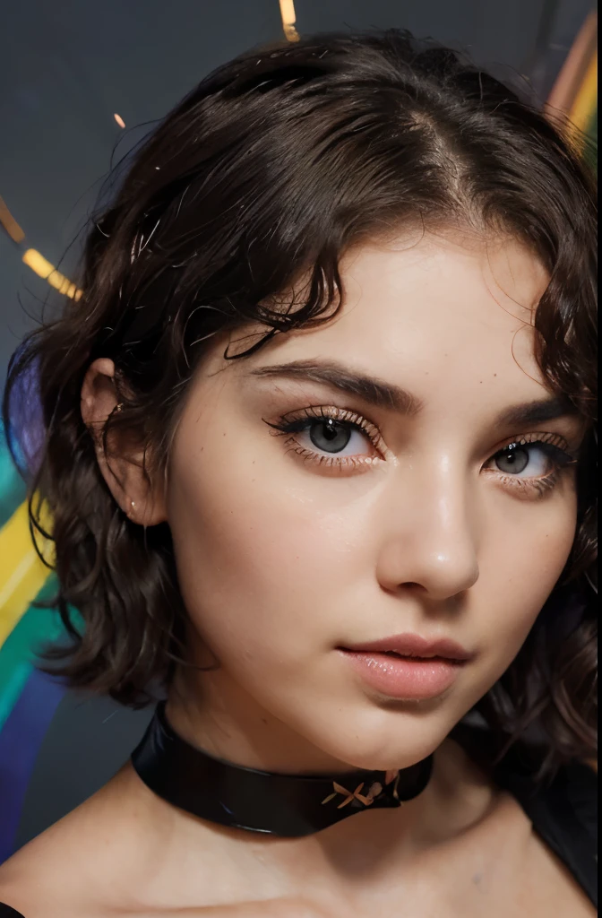 face of a beautiful futuristic girl of about 22 years old.
Her nose, subtly redder than the rest of her skin, contrasting with the rest of her pale skin.
Her eyes, very very large and brighter than a normal human being, magnetic brightness.
Her eyebrows, in contrast, are large and exaggerated, painting a portrait of intense expression. expressive form, charming face.
(((The very short and wavy hair takes on a rainbow shade))). some beads and colored ribbons woven into her short hair. her face has a contemporary and futuristic look.
Her lips, painted in bold shades of bright orange. Their chromatic intensity completes the extraordinary ensemble, giving an aura of glamor and sophistication to this girl with her memorable face.