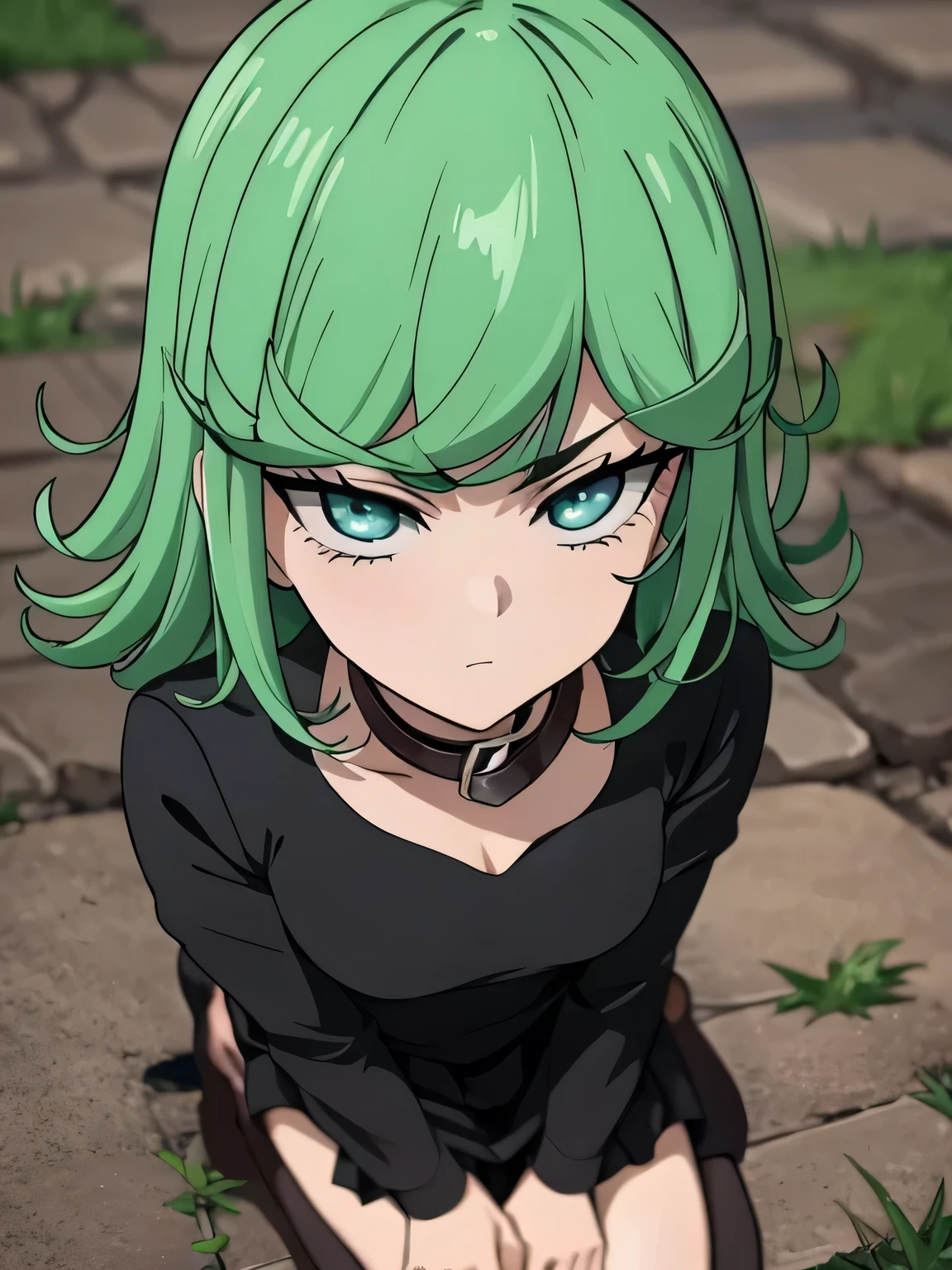 green hair,green eyes,crawl,kneel down,sad,despair,cry,tears,(collar),(lead)