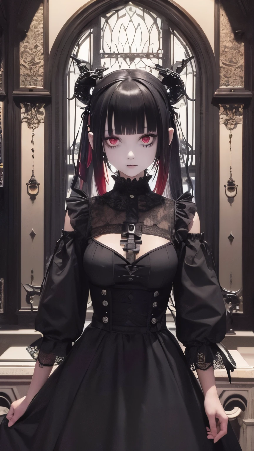 decorationで肌を覆う 公式アート, Heterochromia: Right eye red, left eye blue、unity 8k wallpaper, super detailed, beautiful, beautiful, ((new goth gal:1.4)), masterpiece, highest quality, dark, in the atmosphere, Mysterious, romantic, Spooky, literature, art, fashion, victorian, decoration, Complex, ironwork, race, contemplation, depth of emotion, Supernatural, 1 girl, alone, hip