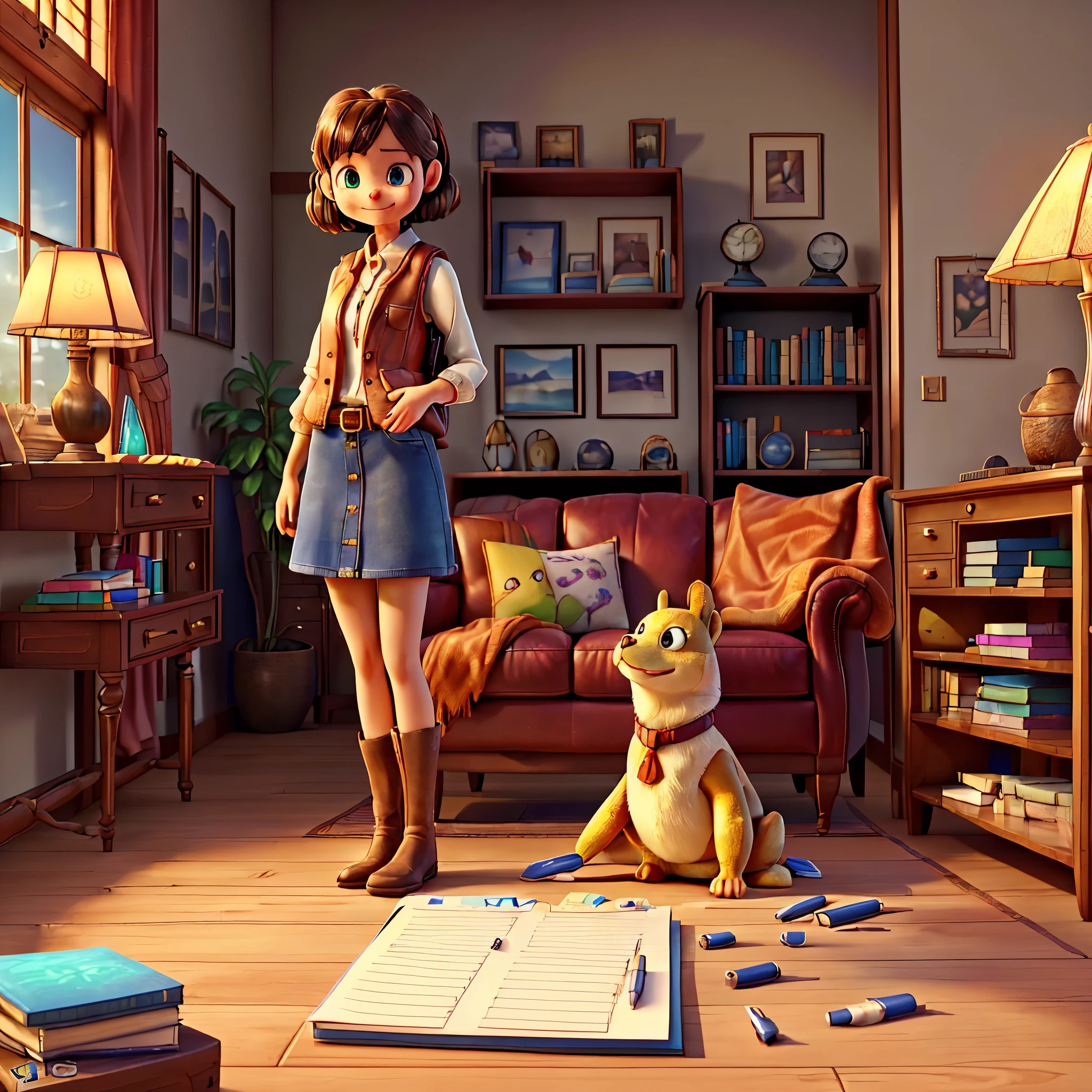 (epic Masterpiece, ultra highest quality, ulra highest resolution, ulra high-definition, distinct_image, very elaborate CG, cinematic lighting, ray tracing, drop shadows, detailed detail, (photorealistic: 1.4), ultra high quality textures, fine-grained, realistic face expression): (lone girl, face is Japan, brown short hair, small size breasts, sparkling eyes, Eye level shot, happy smile, beauty, slim body, holiday, own room, console game, computer, display, keyboard, mouse, long leather skirt, collared shirt, leather vest, handgun holder, carrying leather bag on your back, long boots, antique radio, coffee, model train, bookshelf, spacious yellowchair, Pots, fans, paintings, stuffed animals, ties, notebooks, stationery, vases, photo frames, letters, fountain pens, calendars, lamps, cushions, baskets, mirrors reflecting in profile, candles, telephone, fruit, newspapers, sweets, city Eiffel view outside the window), Pendulum clock frog varied multi etc. --v6 --s1000 --c20 --q5 --chaos100