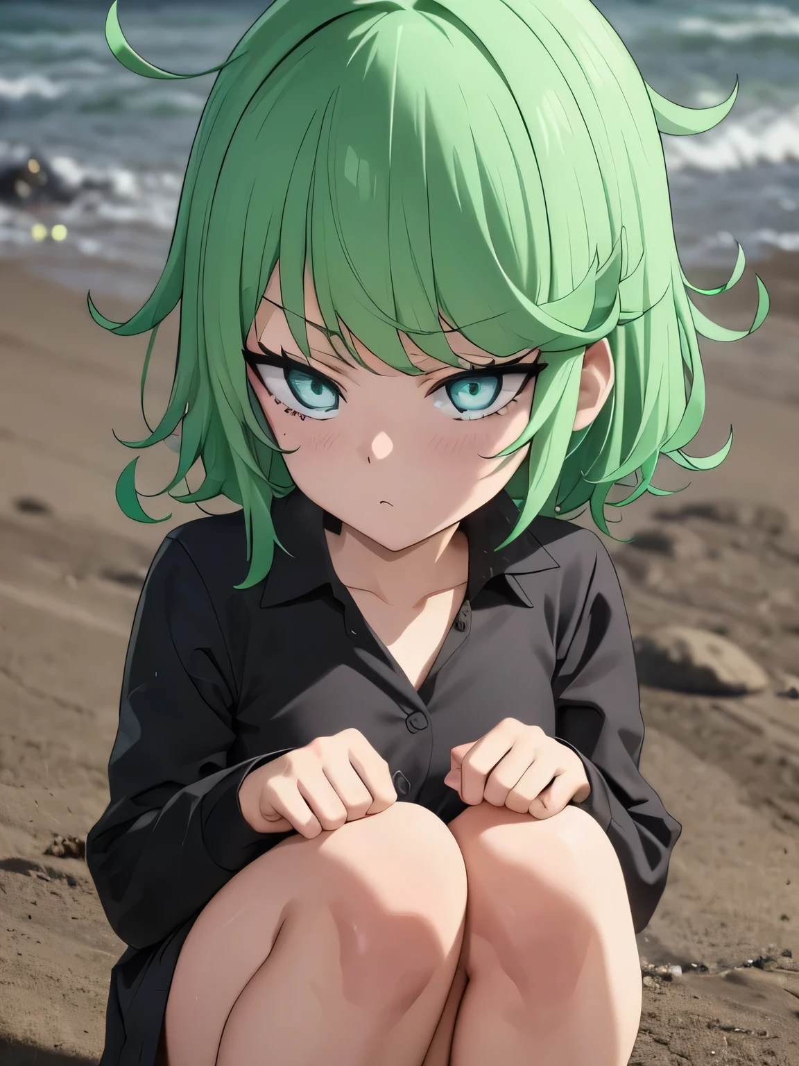 green hair,green eyes,squat,sad,despair,cry,tears,(collar)、、