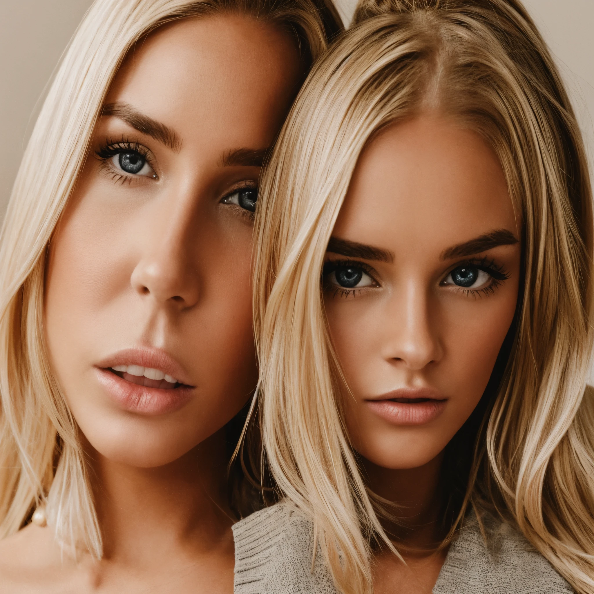 realistic portrait of two blonde hair girls, full bodysside by side in the center of a huge lawn with barias flores in the background on a mid-sunny day  