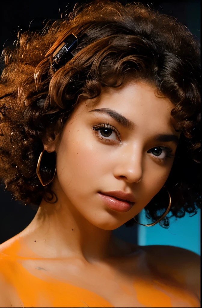 face of a beautiful futuristic girl of about 22 years old.
Her nose, subtly redder than the rest of her skin, contrasting with the rest of her pale skin.
Her eyes, very very large and brighter than a normal human being, magnetic brightness.
Her eyebrows, in contrast, are large and exaggerated, painting a portrait of intense expression. expressive form, charming face.
The hair takes on a (((curly afro hair))). her face has a contemporary and futuristic look.
Her lips, painted in bold shades of bright orange. Their chromatic intensity completes the extraordinary ensemble, giving an aura of glamor and sophistication to this girl with her memorable face.