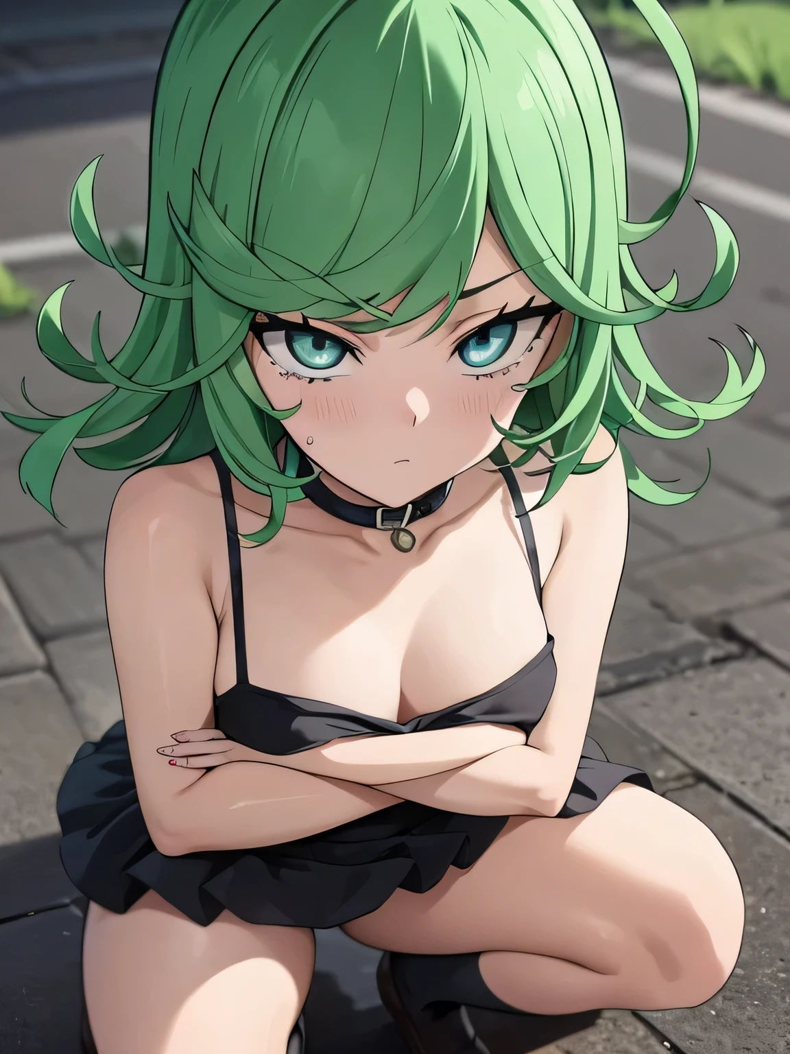 green hair,green eyes,crawl,squat,sad,despair,cry,tears,(collar),(lead)、、Breast flick、10 years old