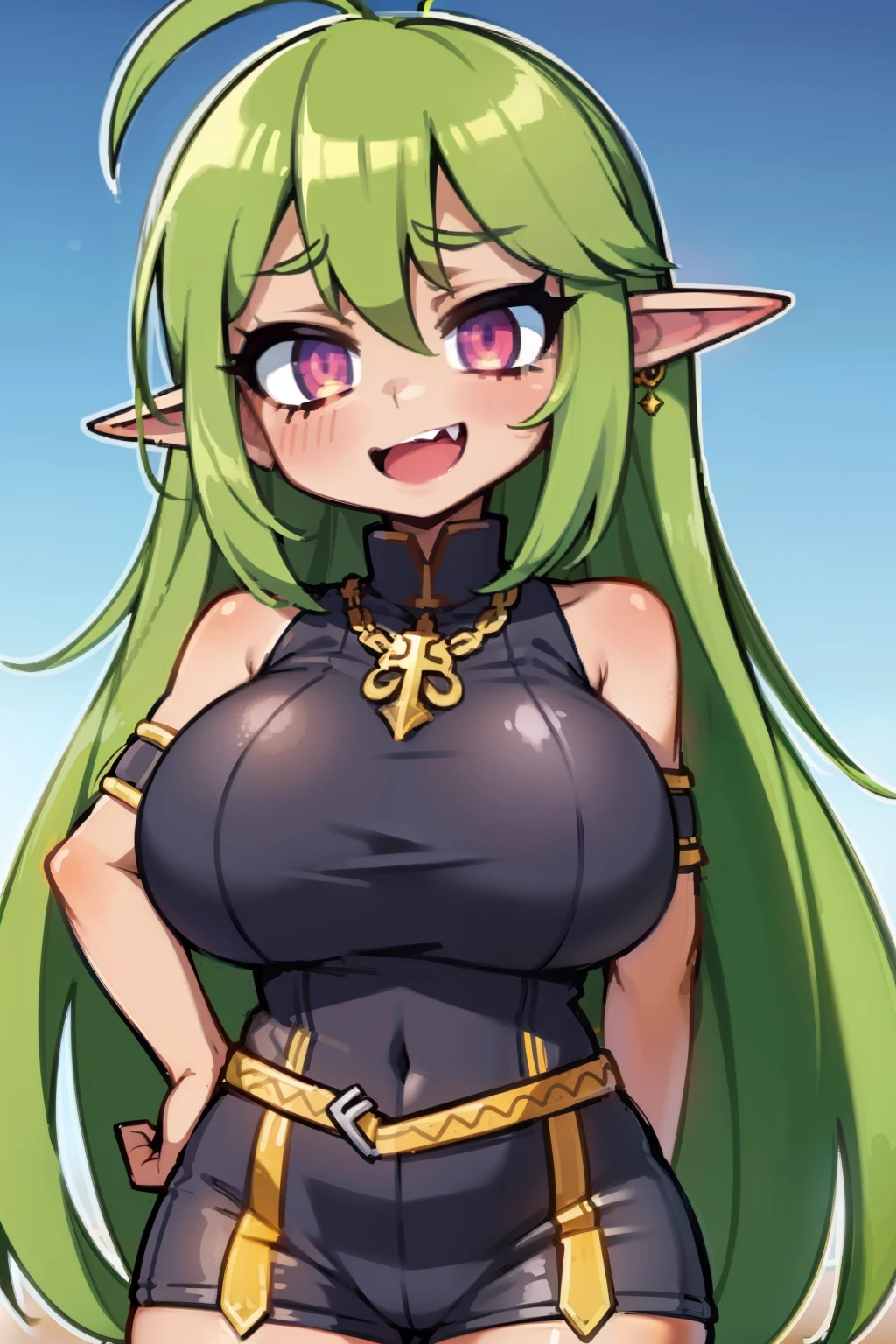 (tanned elf girl), (huge breasts:1.2), (virtual youtuber:1.5), (character sheet:1.2)