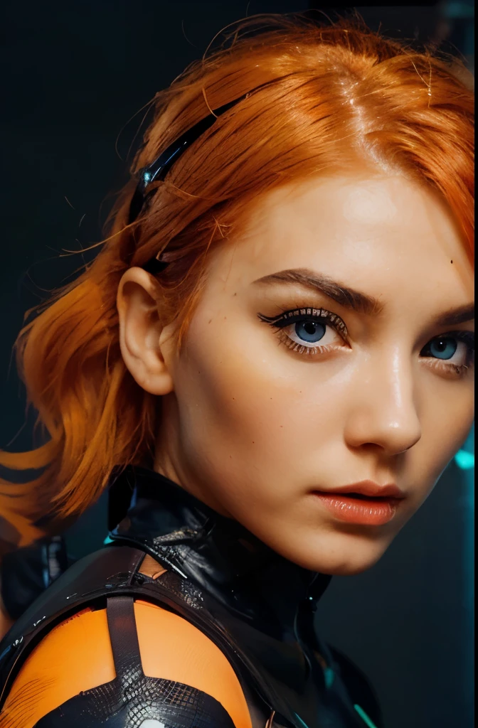 face of a beautiful futuristic girl of about 22 years old.
Her nose, subtly redder than the rest of her skin, contrasting with the rest of her pale skin.
Her eyes, very very large and brighter than a normal human being, magnetic brightness.
Her eyebrows, in contrast, are large and exaggerated, painting a portrait of intense expression. expressive form, charming face.
The hair, takes on a (((neon neon orange hair))). her face has a contemporary and futuristic look.
Her lips, painted in bold shades of bright orange. Their chromatic intensity completes the extraordinary ensemble, giving an aura of glamor and sophistication to this girl with her memorable face.