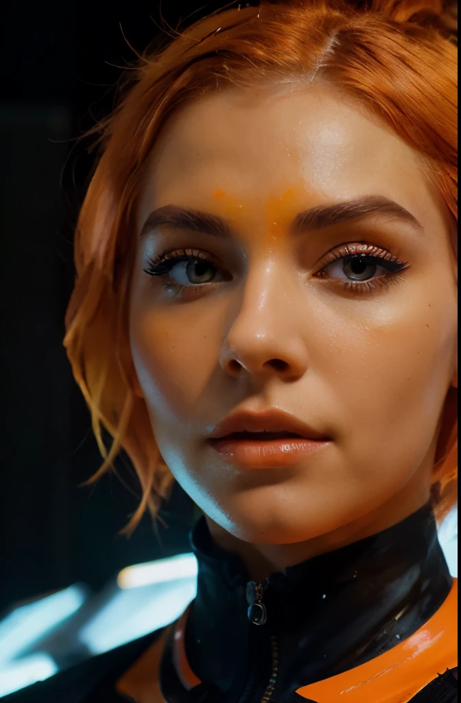 face of a beautiful futuristic girl of about 22 years old.
Her nose, subtly redder than the rest of her skin, contrasting with the rest of her pale skin.
Her eyes, very very large and brighter than a normal human being, magnetic brightness.
Her eyebrows, in contrast, are large and exaggerated, painting a portrait of intense expression. expressive form, charming face.
The hair, takes on a (((neon neon orange hair))). her face has a contemporary and futuristic look.
Her lips, painted in bold shades of bright orange. Their chromatic intensity completes the extraordinary ensemble, giving an aura of glamor and sophistication to this girl with her memorable face.
