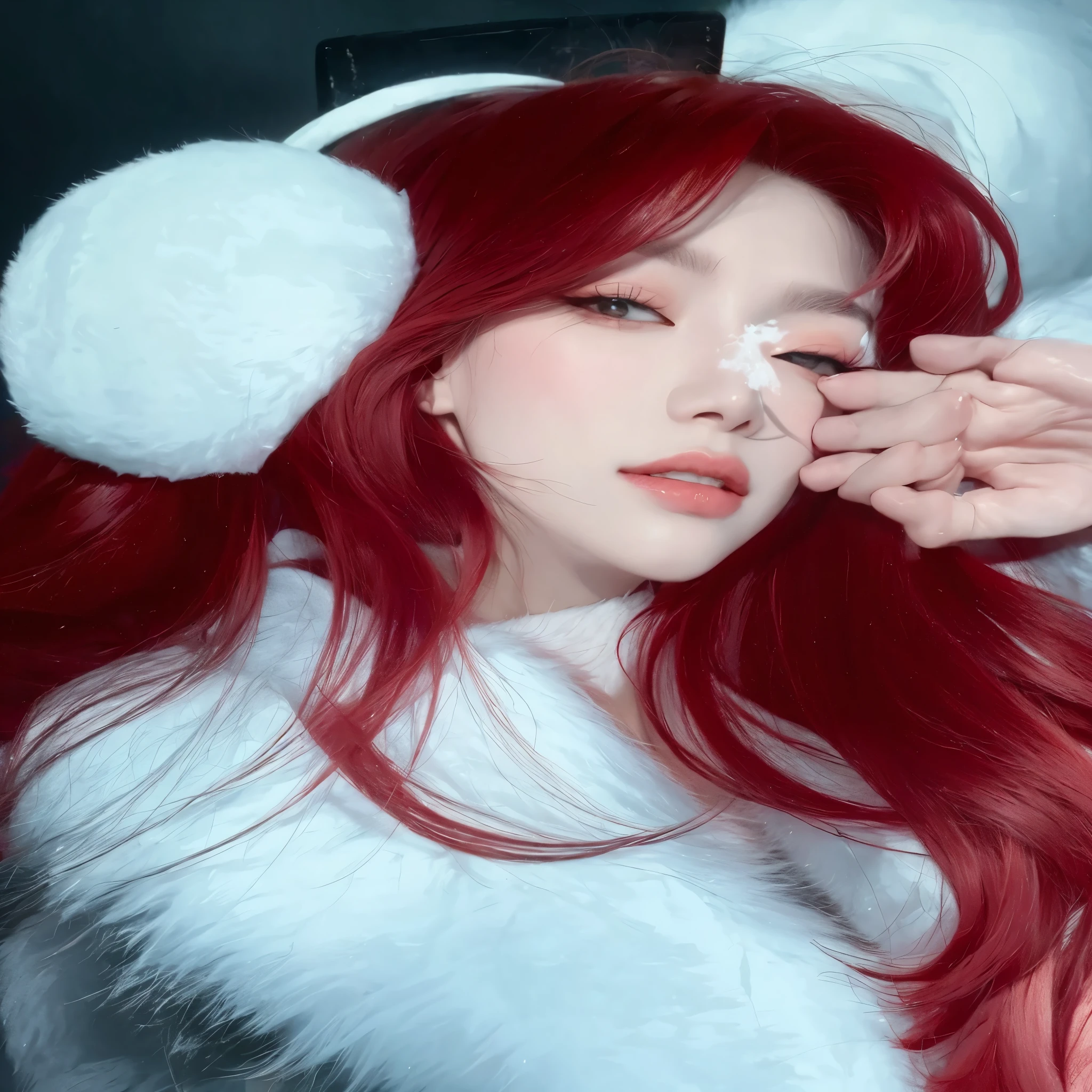 arafed woman Con cabello rojo wearing white ear muffs and a fur collar, bella delfina, ulzzang, pale, snow-white skin, sol yunjoo, Con cabello rojo, sakimichan, parque roseanne de blackpink, aparcar desde-min, foto de perfil, con el pelo largo y rojo, heonhwa choe, pelo muy largo color nieve, terciopelo rojo