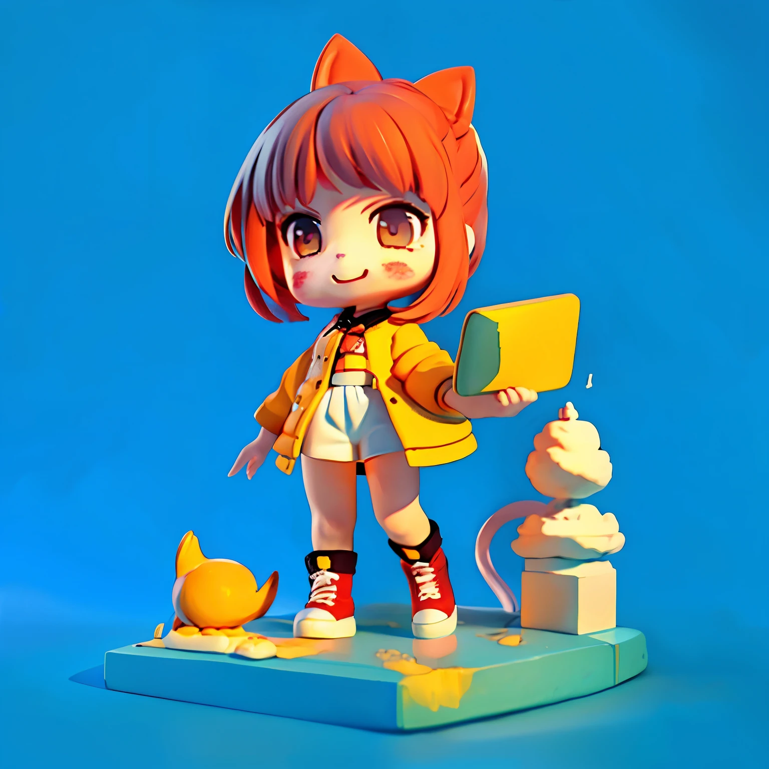 girl, chibi, short straight hair, red hair, orange red hair, 3d art, white shirt, ripped jeans, allstar sneakers, light blue boots, standing, full body, digital artist, holding laptop. cats, dogs, smiling, cute (1.4, 8k, 8k extremely detailed), (an extremely detailed, delicate and beautiful image), (masterpiece), (best quality: 1, 0), (ultra high resolution: 1.0) background without details, single color.