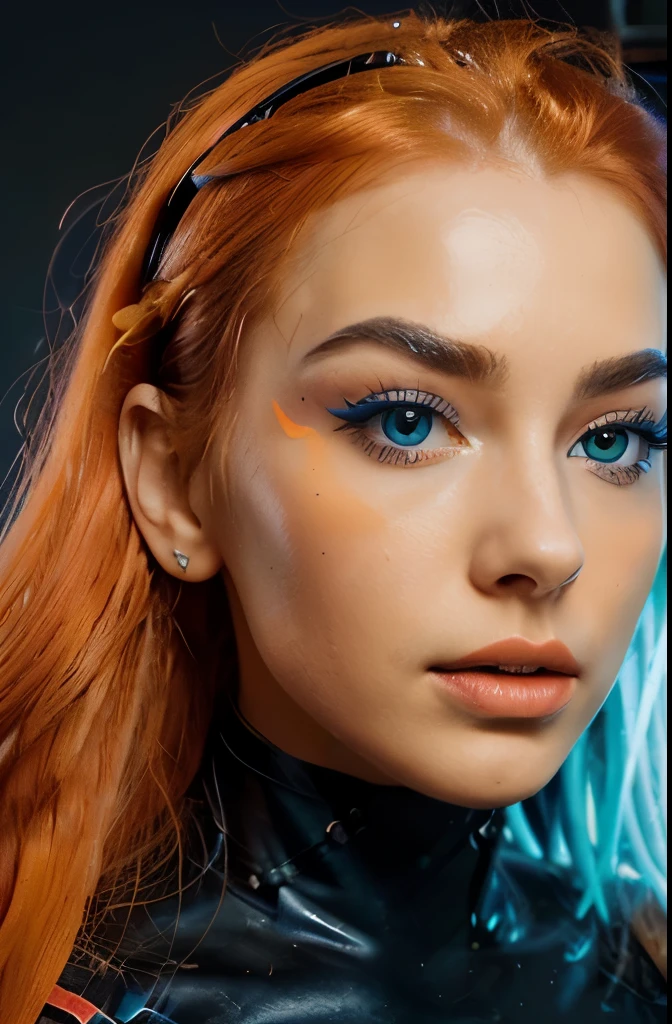face of a beautiful futuristic girl of about 22 years old.
Her nose, subtly redder than the rest of her skin, contrasting with the rest of her pale skin.
Her eyes, very very large and brighter than a normal human being, magnetic brightness.
Her eyebrows, in contrast, are large and exaggerated, painting a portrait of intense expression. expressive form, charming face.
The hair, takes on a (((neon neon orange hair))). her face has a contemporary and futuristic look.
(((colored eyebrows like electric blue)))
Her lips, painted in bold shades of bright orange. Their chromatic intensity completes the extraordinary ensemble, giving an aura of glamor and sophistication to this girl with her memorable face.