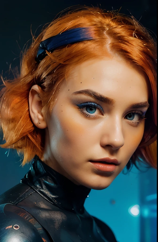 face of a beautiful futuristic girl of about 22 years old.
Her nose, subtly redder than the rest of her skin, contrasting with the rest of her pale skin.
Her eyes, very very large and brighter than a normal human being, magnetic brightness.
Her eyebrows, in contrast, are large and exaggerated, painting a portrait of intense expression. expressive form, charming face.
The hair, takes on a (((neon neon orange hair))). her face has a contemporary and futuristic look.
(((colored eyebrows like electric blue)))
Her lips, painted in bold shades of bright orange. Their chromatic intensity completes the extraordinary ensemble, giving an aura of glamor and sophistication to this girl with her memorable face.