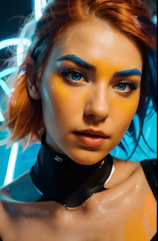 face of a beautiful futuristic girl of about 22 years old.

Her nose, subtly redder than the rest of her skin, contrasting with the rest of her pale skin.

Her eyes, very very large and brighter than a normal human being, magnetic brightness.

Her eyebrows, in contrast, are large and exaggerated, painting a portrait of intense expression. expressive form, charming face.

The hair, takes on a (((neon neon orange hair))). her face has a contemporary and futuristic look.

(((colored eyebrows like electric blue)))

Her lips, painted in bold shades of bright orange. Their chromatic intensity completes the extraordinary ensemble, giving an aura of glamor and sophistication to this girl with her memorable face.