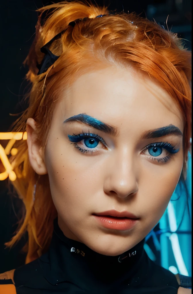 face of a beautiful futuristic girl of about 22 years old.
Her nose, subtly redder than the rest of her skin, contrasting with the rest of her pale skin.
Her eyes, very very large and brighter than a normal human being, magnetic brightness.
Her eyebrows, in contrast, are large and exaggerated, painting a portrait of intense expression. expressive form, charming face.
The hair, takes on a (((neon neon orange hair))). her face has a contemporary and futuristic look.
(((colored eyebrows like electric blue)))
Her lips, painted in bold shades of bright orange. Their chromatic intensity completes the extraordinary ensemble, giving an aura of glamor and sophistication to this girl with her memorable face.