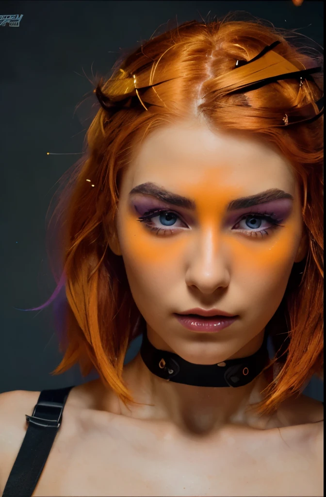 face of a beautiful futuristic girl of about 22 years old.

Her nose, subtly redder than the rest of her skin, contrasting with the rest of her pale skin.

Her eyes, very very large and brighter than a normal human being, magnetic brightness.

Her eyebrows, in contrast, are large and exaggerated, painting a portrait of intense expression. expressive form, charming face.

The hair, takes on a (((neon neon orange hair))). her face has a contemporary and futuristic look.

(((deep purple colored eyebrows)))

Her lips, painted in bold shades of bright orange. Their chromatic intensity completes the extraordinary ensemble, giving an aura of glamor and sophistication to this girl with her memorable face.